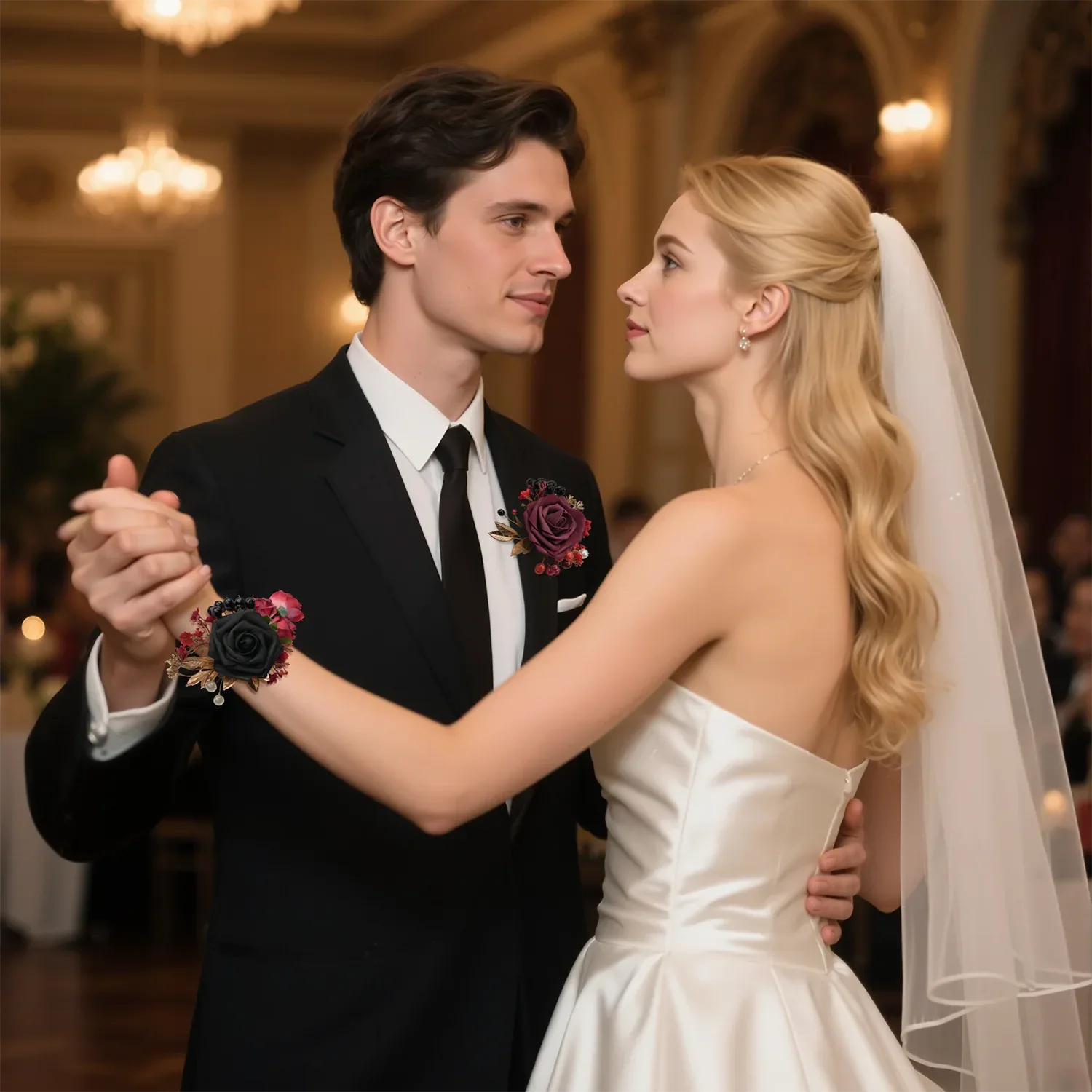 Uflower Black Burgundy Bride Bouquet Wrist Corsage Groom Boutonniere Set Wedding Event Supplies SET80080-11 - Uflower