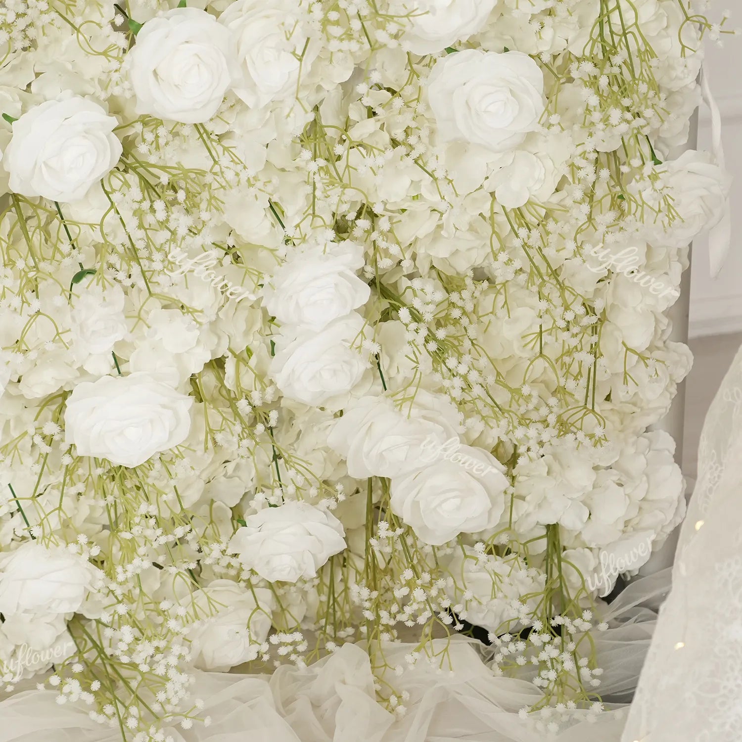 Uflower White Rose Baby's Breath Flower Wall Wedding Party Proposal Decor SET80226