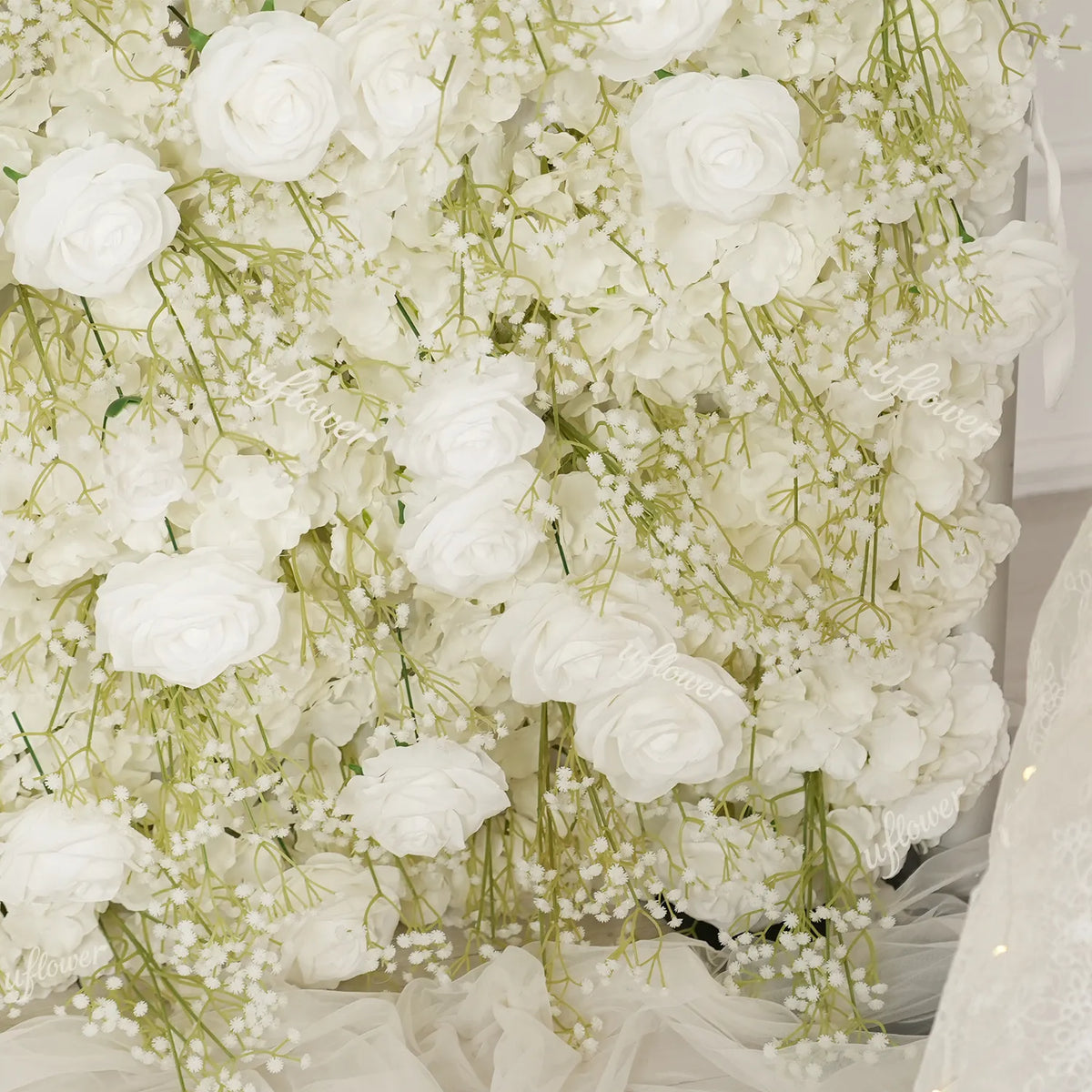Uflower White Rose Baby's Breath Flower Wall Wedding Party Proposal Decor SET80226