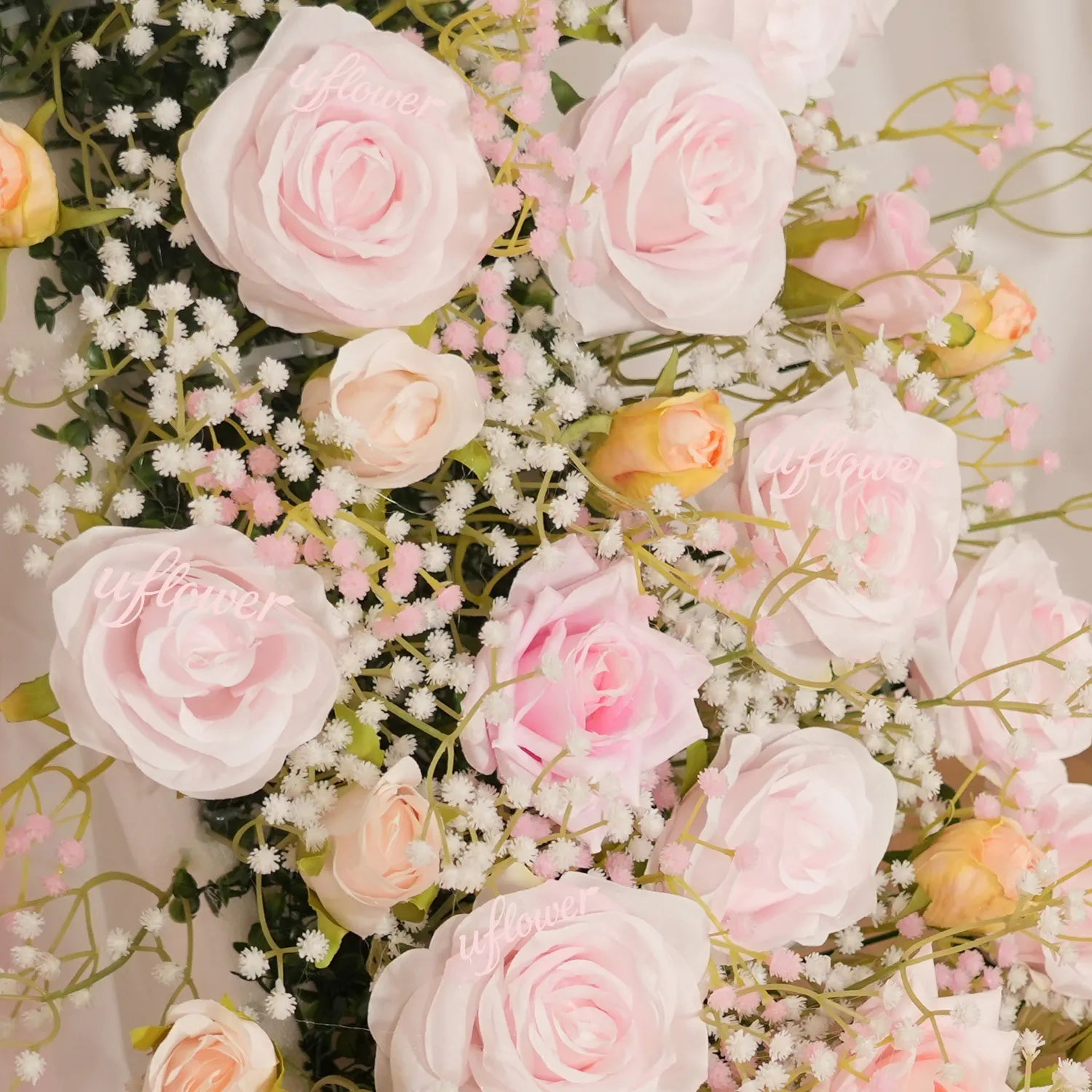 Uflower  Pink Rose&Baby's Breath Flower Row  Table Runner  MC80230-05