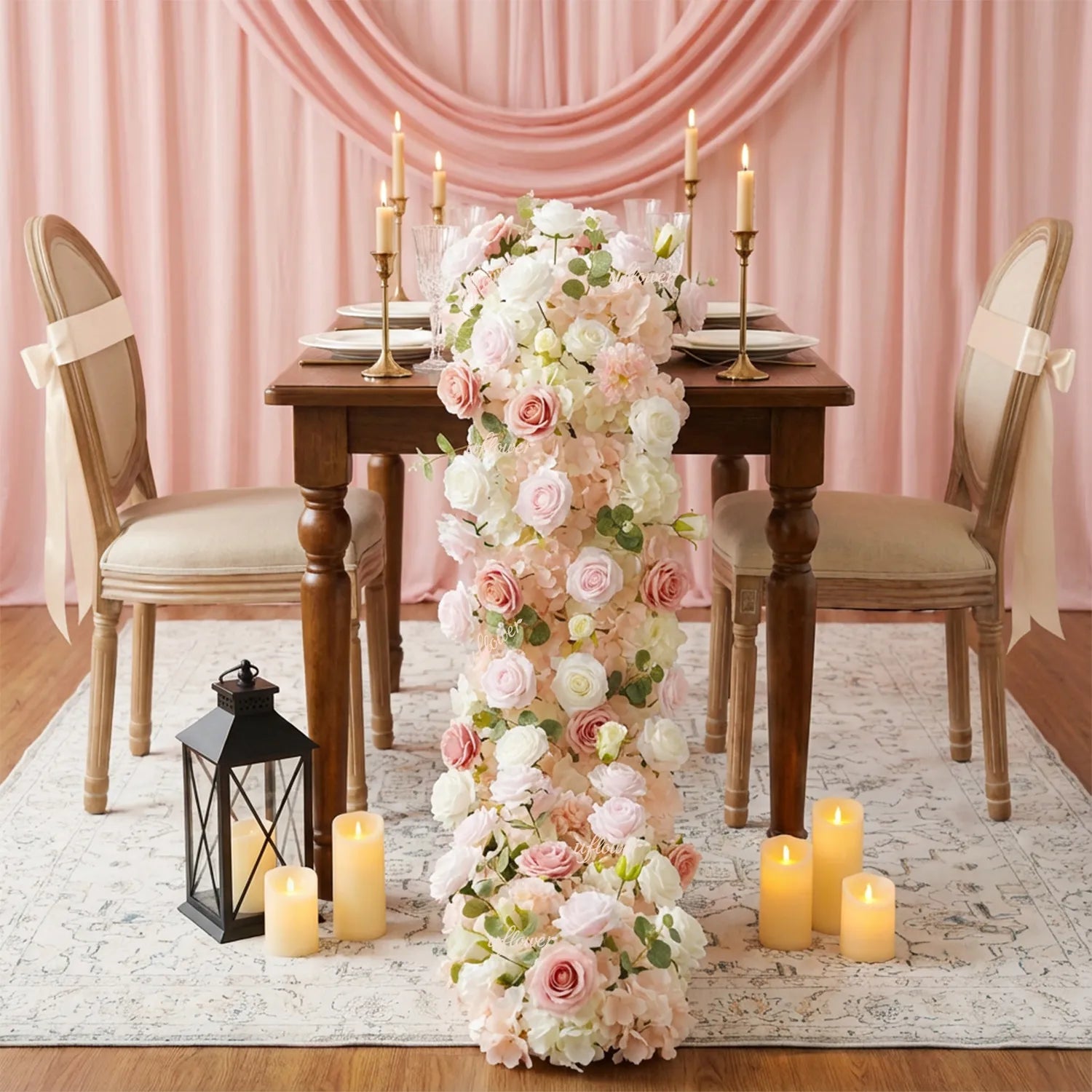 Uflower Pink Rose Table Runner Sofa Floral Wedding Backdrop Decor SET80096