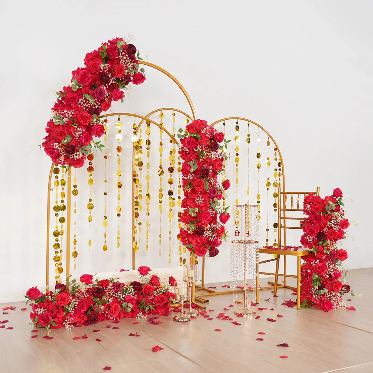 Uflower Artificial Red Rose Babysbreath Green Leaf Flower Row Wedding KT Backdrop Decor MC80131 - Uflower