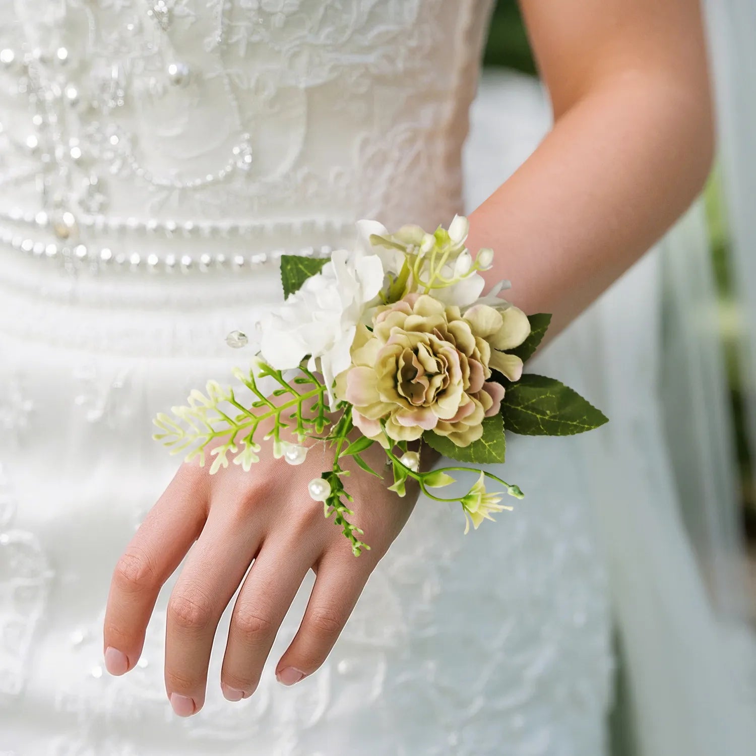 Uflower Wrist Corsages in Green White MG80008-04*6