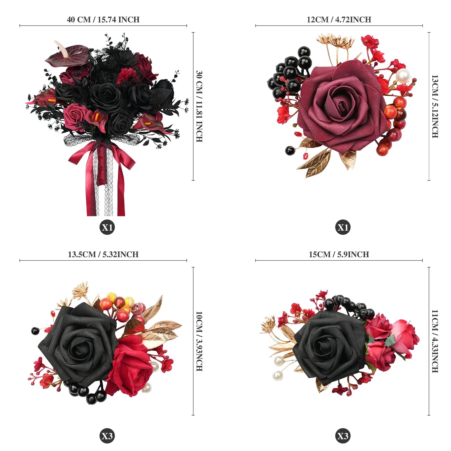 Uflower Black Burgundy Bride Bouquet Wrist Corsage Groom Boutonniere Set Wedding Event Supplies SET80080-11 - Uflower