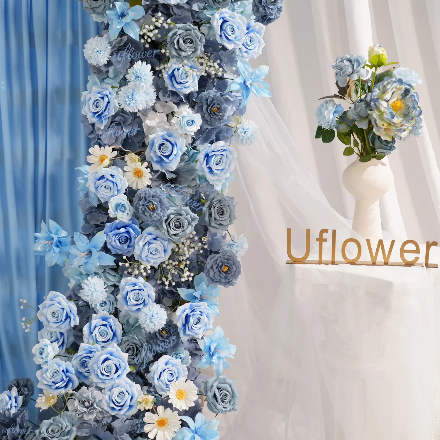Uflower Blue Table Runner Sofa Floral Wedding Backdrop Decor MC80227-01