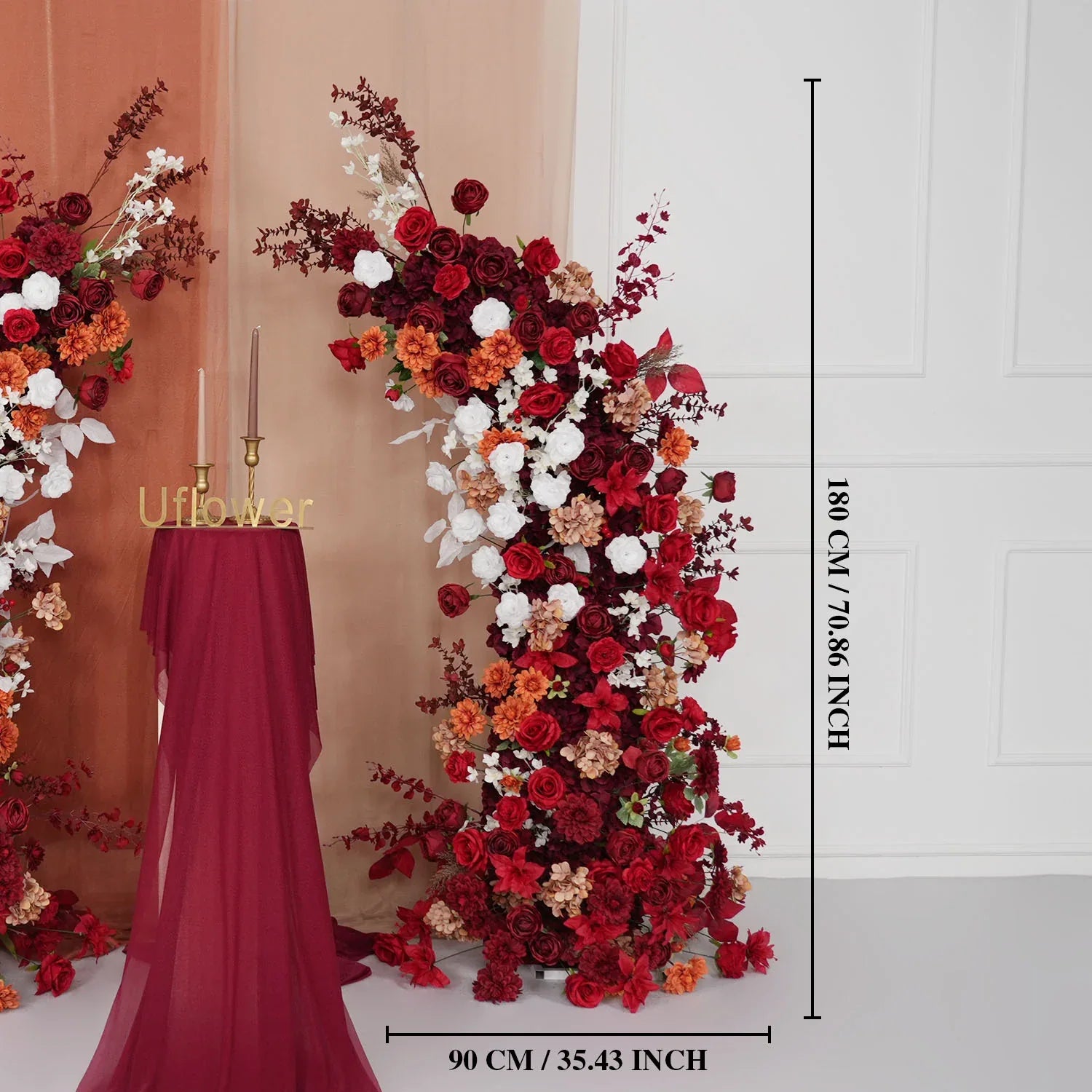 Uflower Autumn Red Rose Floral Arrangement Horn Arch Wedding Backdrop Decor SET80134 - Uflower
