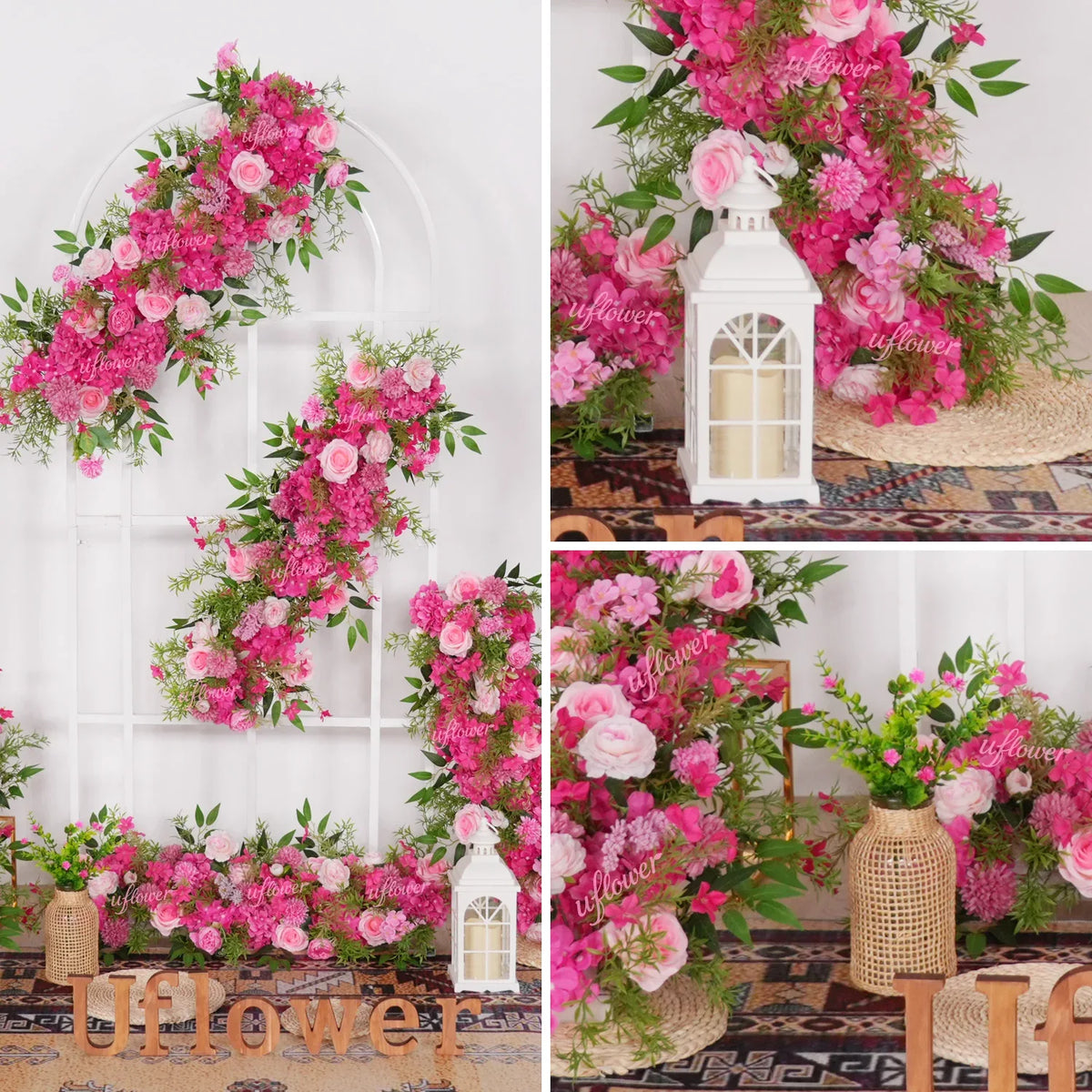 Uflower Pink Rose Green Leaf Wedding Backdrop Floral Arrangement MC80089 - Uflower