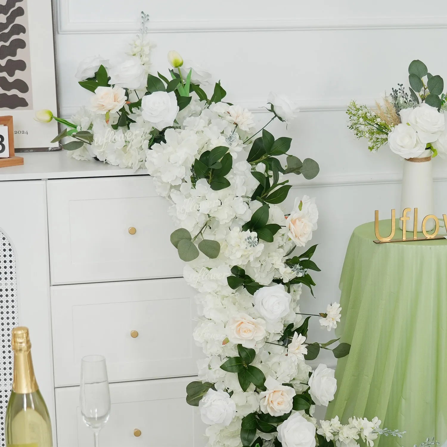 Uflower White Rose Greenery Sofa Table Runner Floor Flower Arrangement MC80222-04