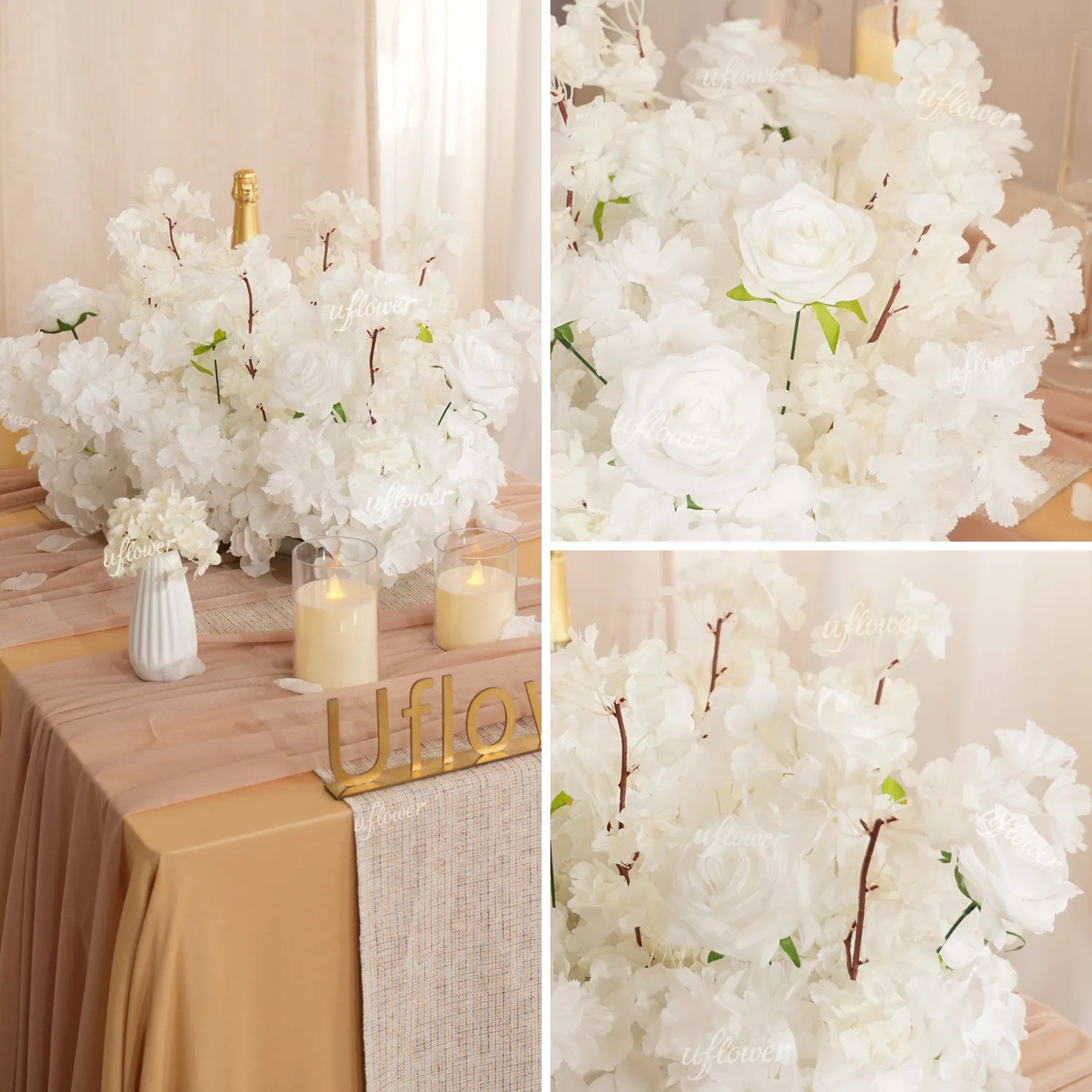 Uflower Artificial White Cherry Blossom Flower Row Wedding Decoration MC80205-01