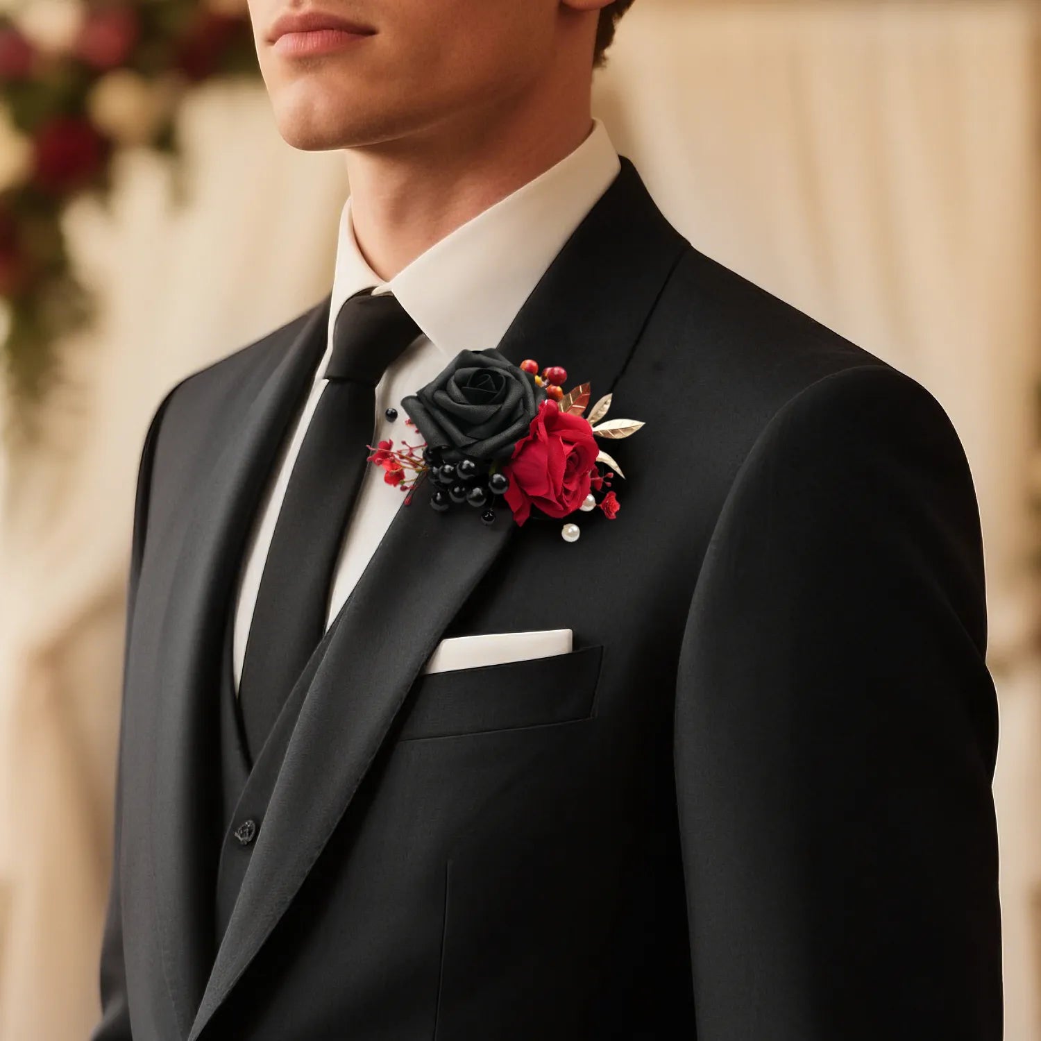 Uflower Black & Red Boutonnieres for Weddings & Events MG80011-03*6