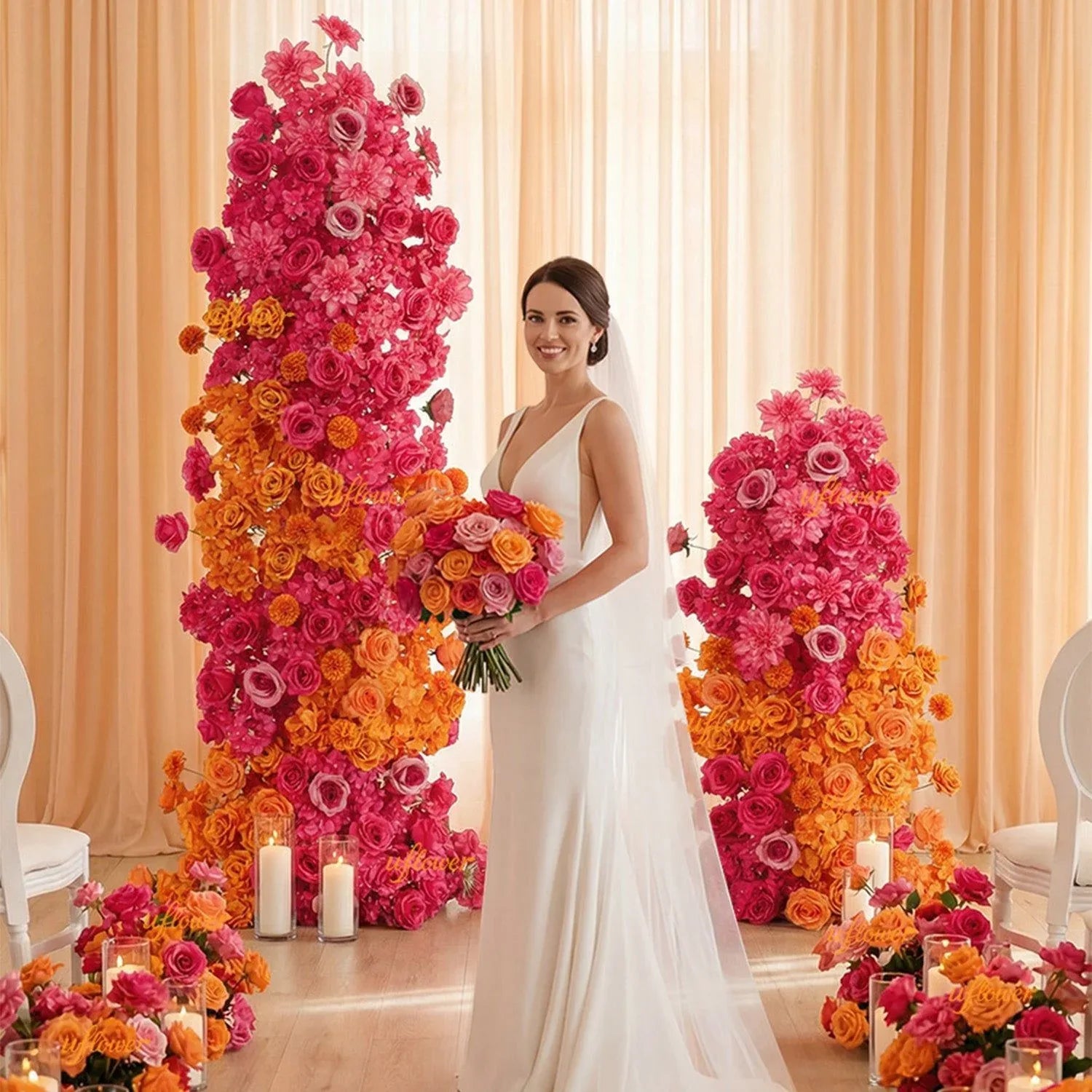Uflower Rose Red Orange Flower Wedding Backdrop Arch Floral Arrangement SET80202 - Uflower