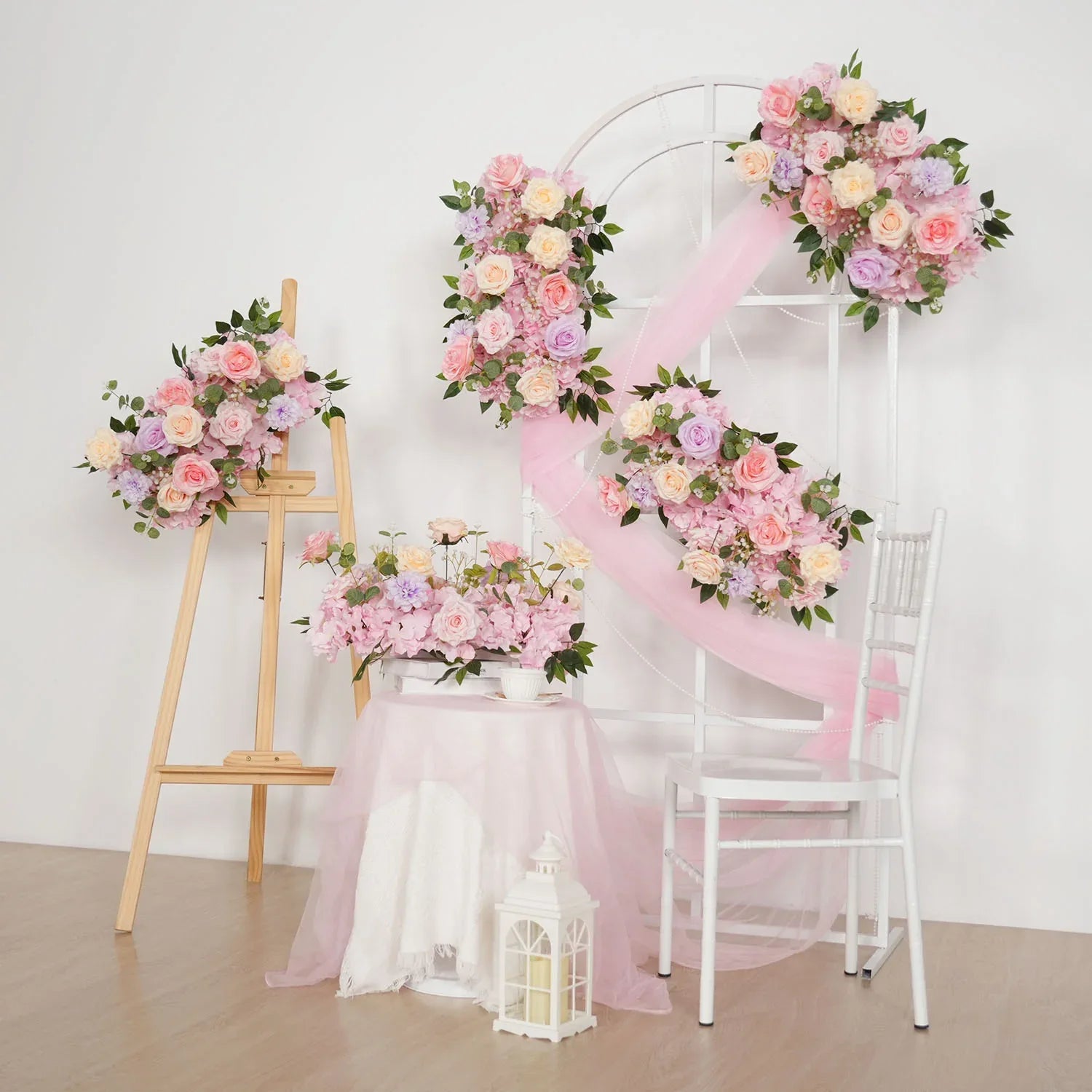 Uflower Artificial Pink Purple Rose Green Leaf Flower Row Wedding KT Backdrop Decor MC80139-01 - Uflower