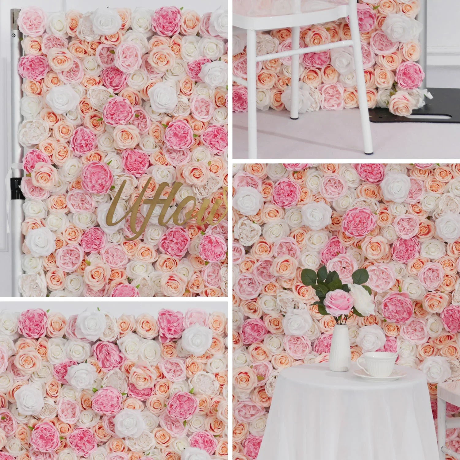 Uflower Artificial Pink White Fabric Rolling Up 5D Flower Wall Wedding Decor MA80015-01 - Uflower