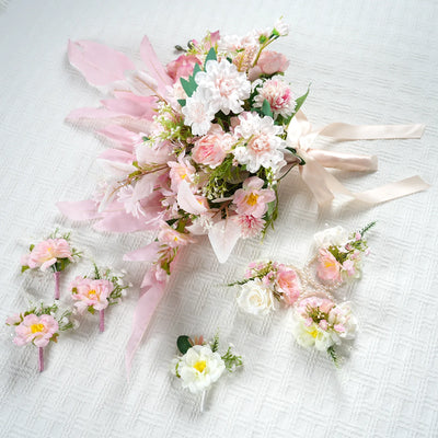 Uflower Pink White Series Bride Bouquet Wrist Corsage Groom Boutonniere Wedding Event Supplies SET80080-09 - Uflower