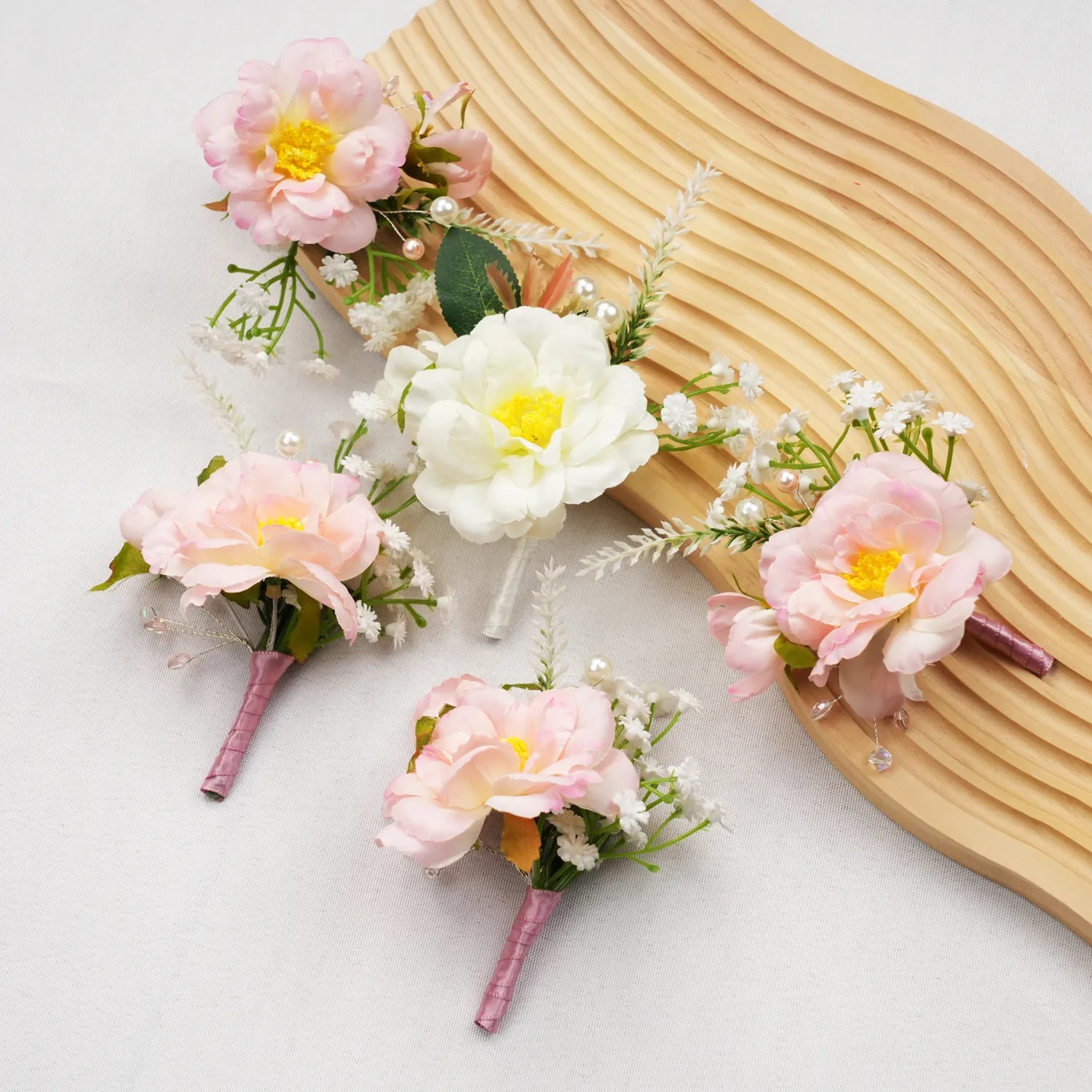 Uflower Pink White Series Bride Bouquet Wrist Corsage Groom Boutonniere Wedding Event Supplies SET80080-09