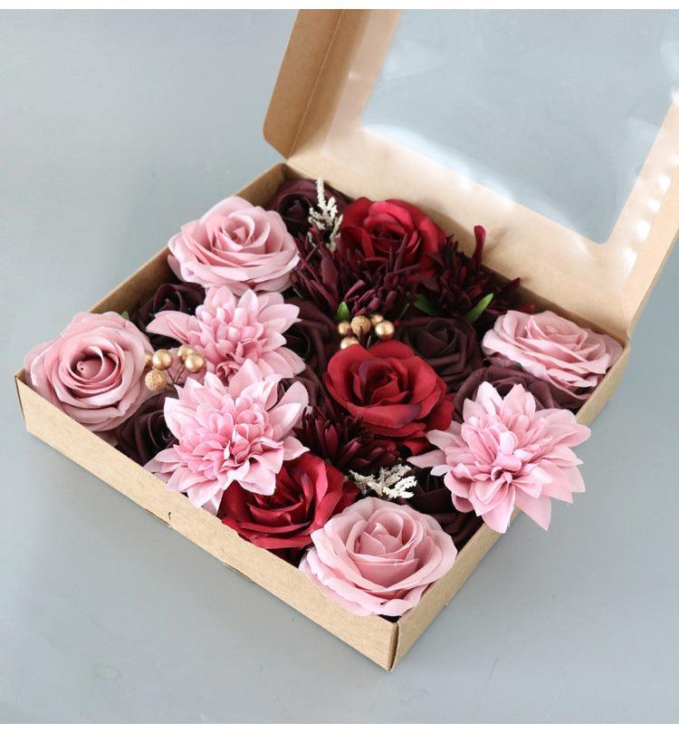 Simulated red and pink mixed rose silk fabric aircraft box DIY interior decoration - Uflower