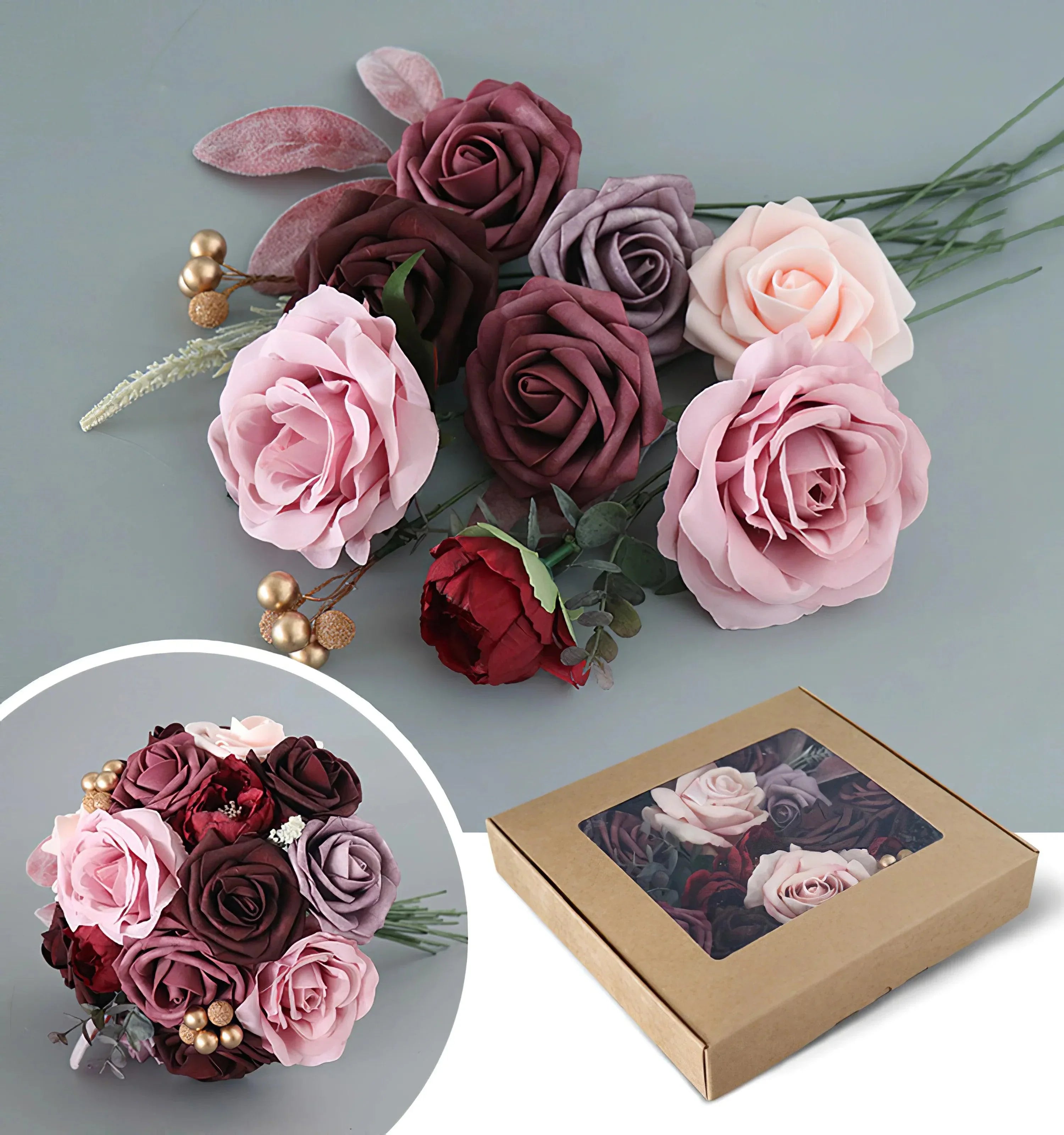 Simulated red and pink mixed rose silk fabric aircraft box DIY interior decoration - Uflower