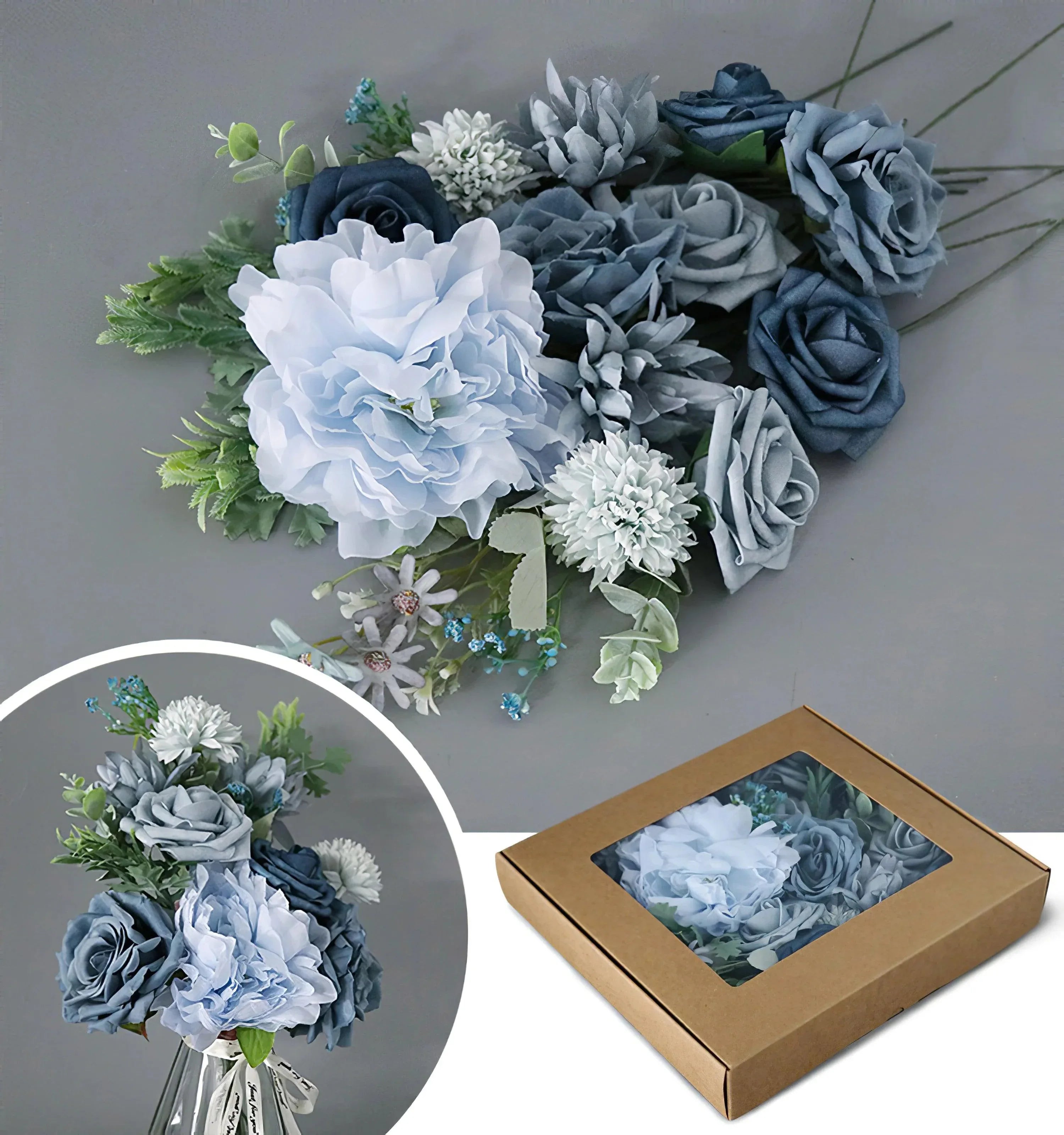 Simulated mixed blue dahlia rose silk fabric aircraft box DIY interior decoration - Uflower