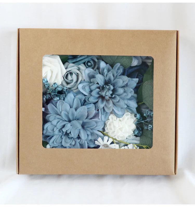Simulated mixed blue dahlia rose silk fabric aircraft box DIY interior decoration - Uflower