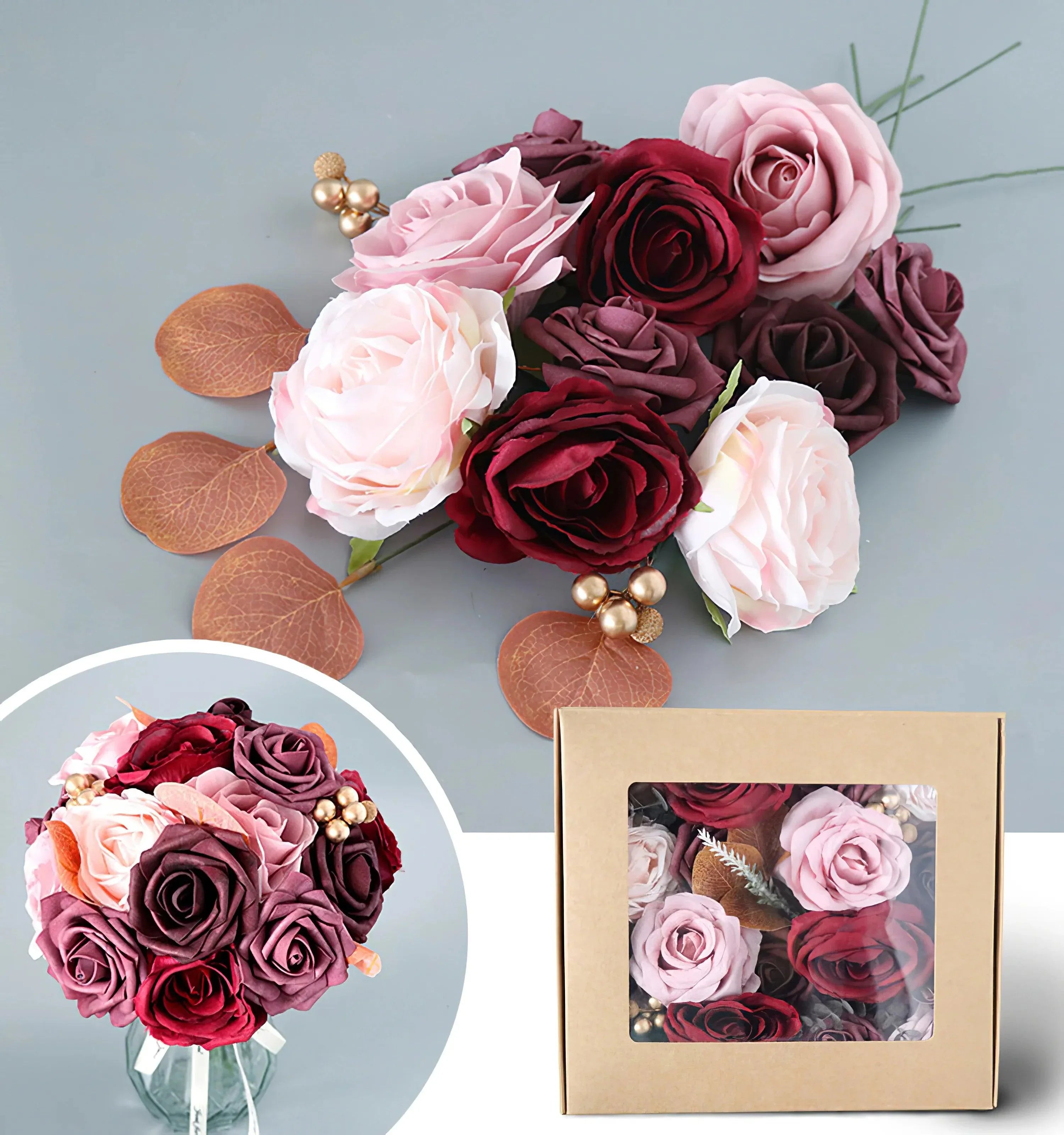 Simulated pink red mixed rose silk fabric aircraft box DIY interior decoration - Uflower