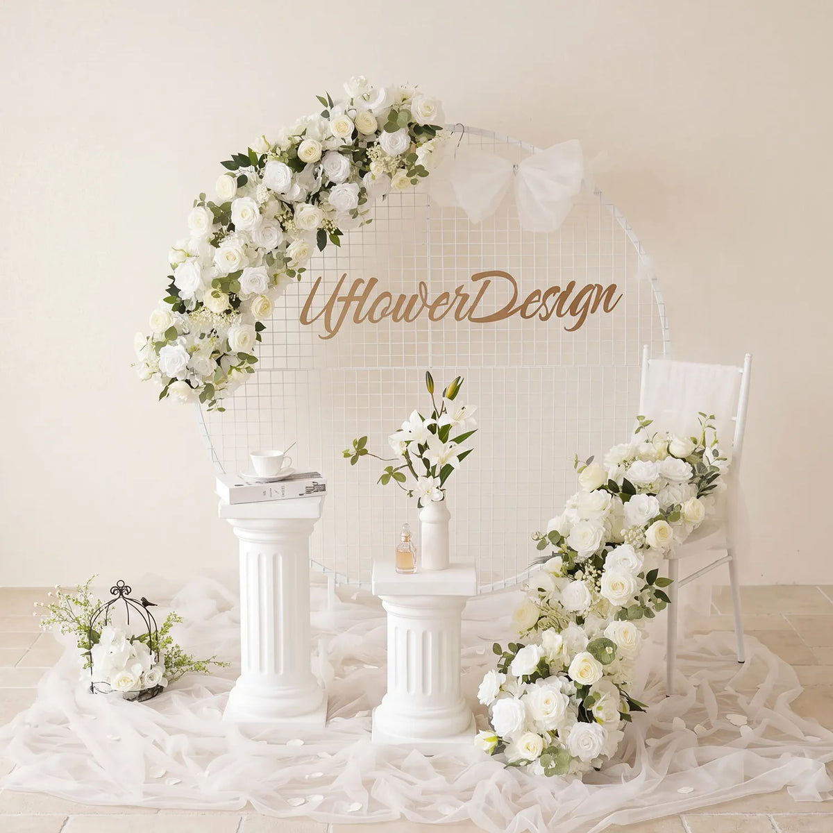 Uflower White Floral Arrangement Wedding Arch Backdrop Party Flower Row Decor MC80115-01