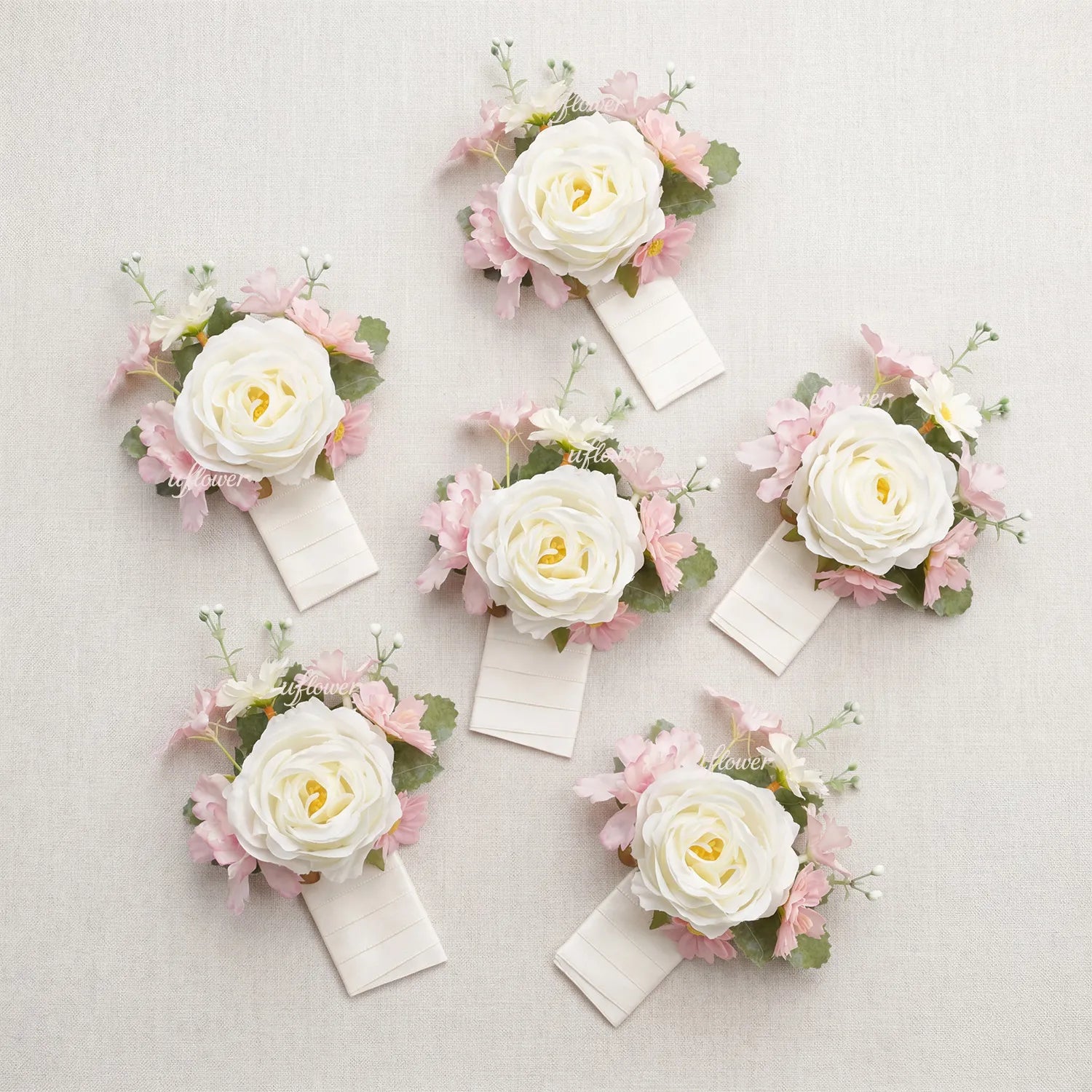 Uflower 6Pcs Pink White Boutonnieres with Card MG80001-02*6
