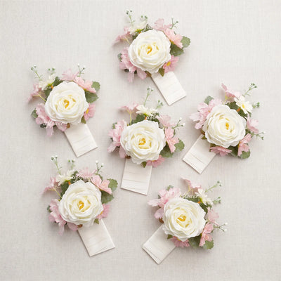 Uflower 6Pcs Pink White Boutonnieres with Card MG80001-02*6