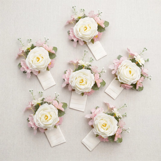 Uflower 6Pcs Pink White Boutonnieres with Card MG80001-02*6