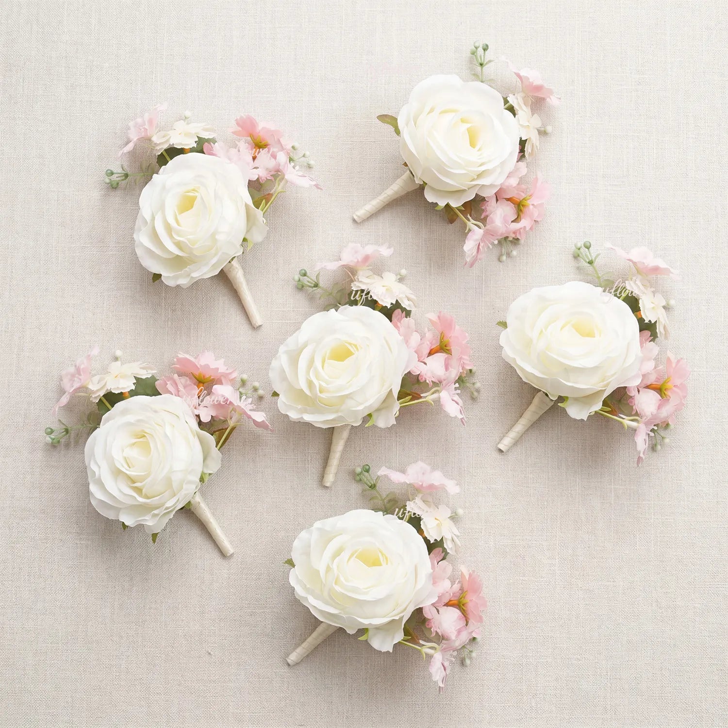 Uflower 6Pcs Pink White Boutonnieres MG80001-03*6