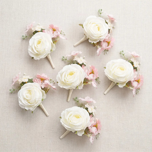Uflower 6Pcs Pink White Boutonnieres MG80001-03*6