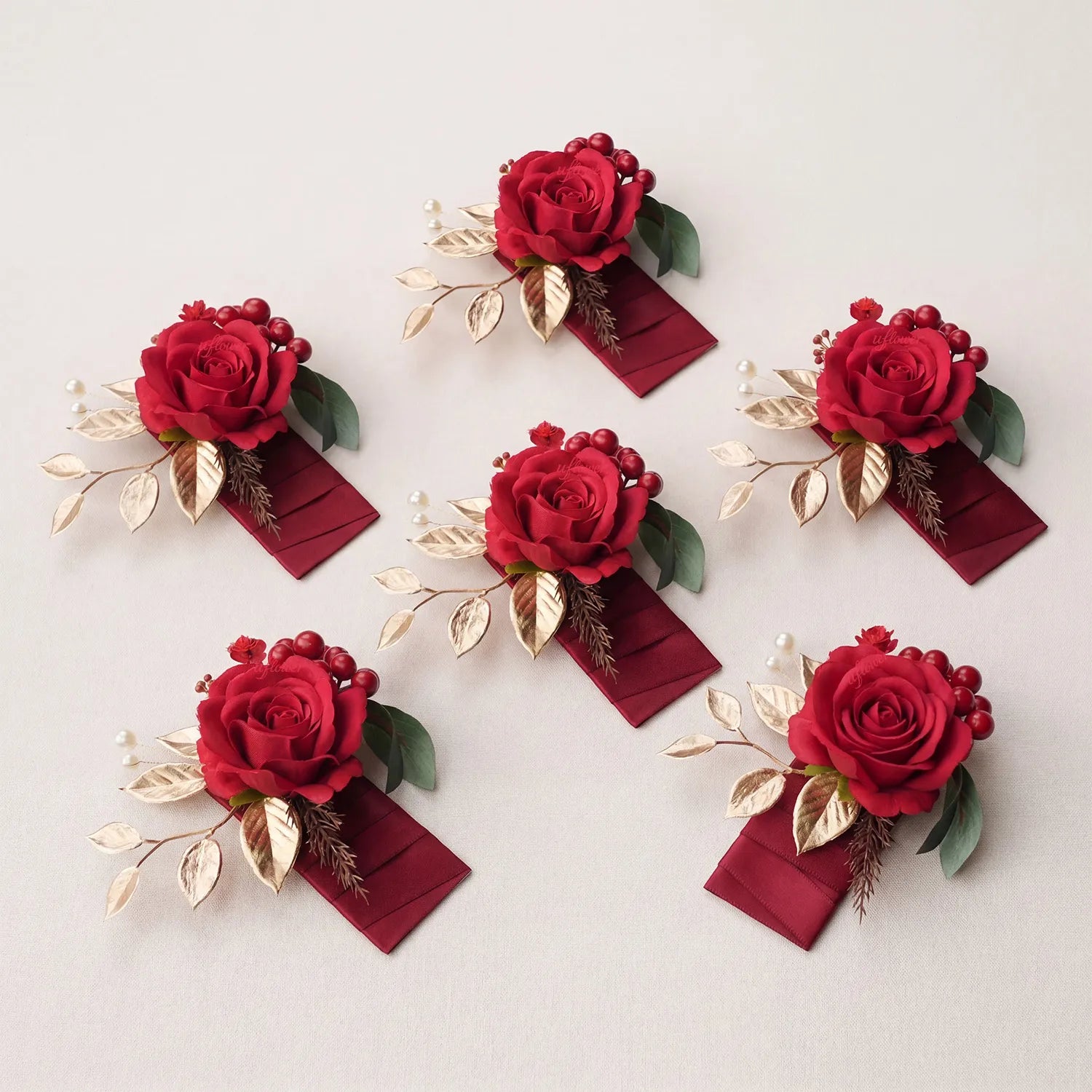 Uflower 6Pcs Red Boutonnieres With Card MG80002-02*6