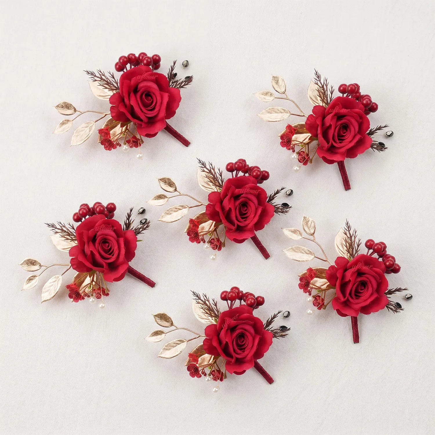 Uflower 6Pcs Red Boutonnieres MG80002-03*6