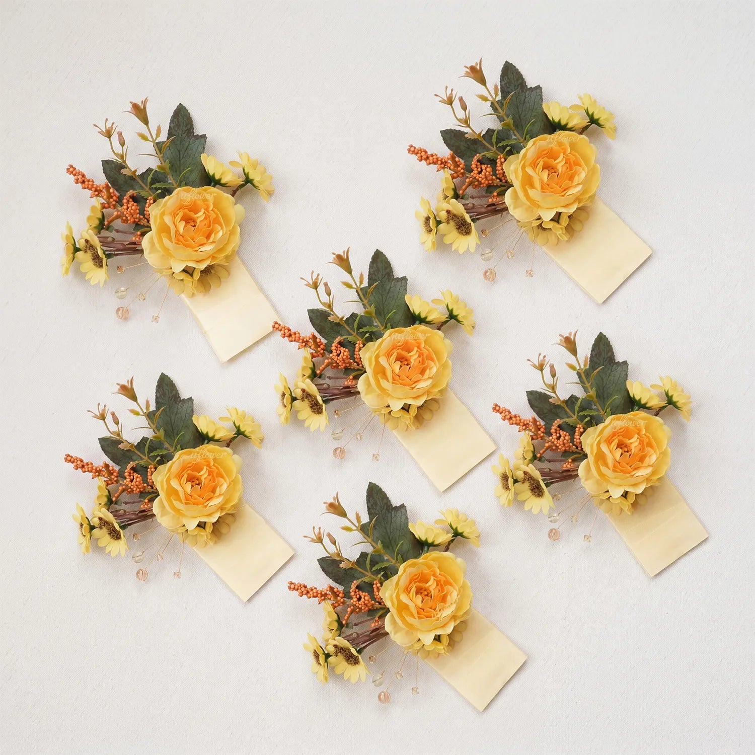 Uflower 6Pcs Yellow Boutonnieres With Card MG80003-02*6