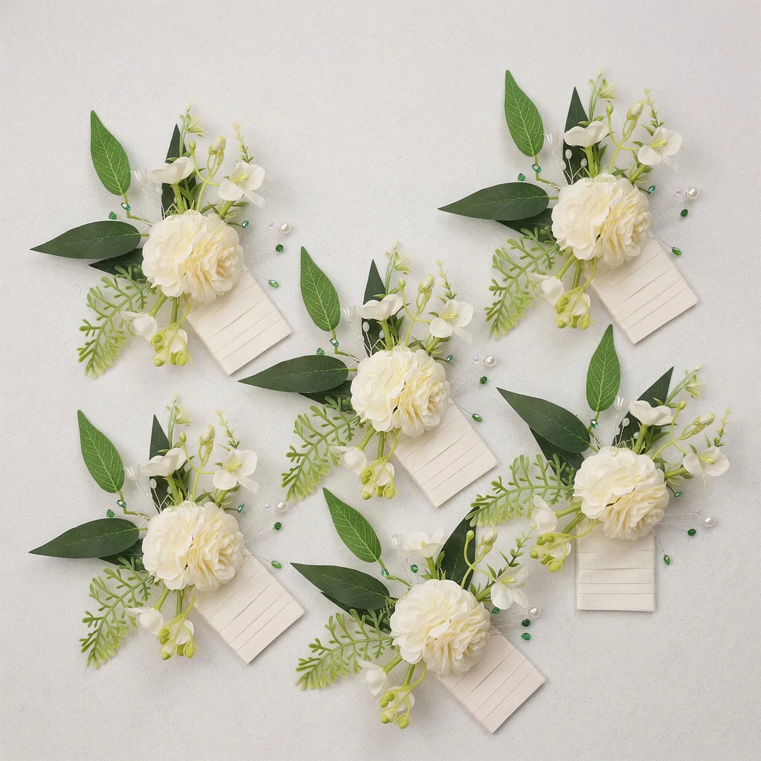 Uflower 6Pcs Ivory Pocket Square Boutonniere for Groom MG80005-02*6
