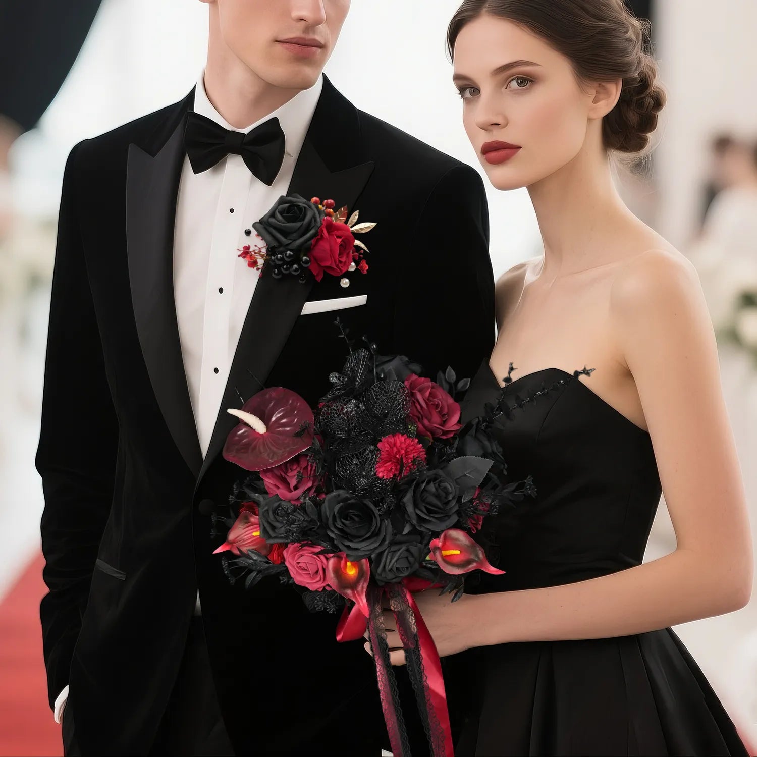 Uflower Black & Red Boutonnieres for Weddings & Events MG80011-03*6