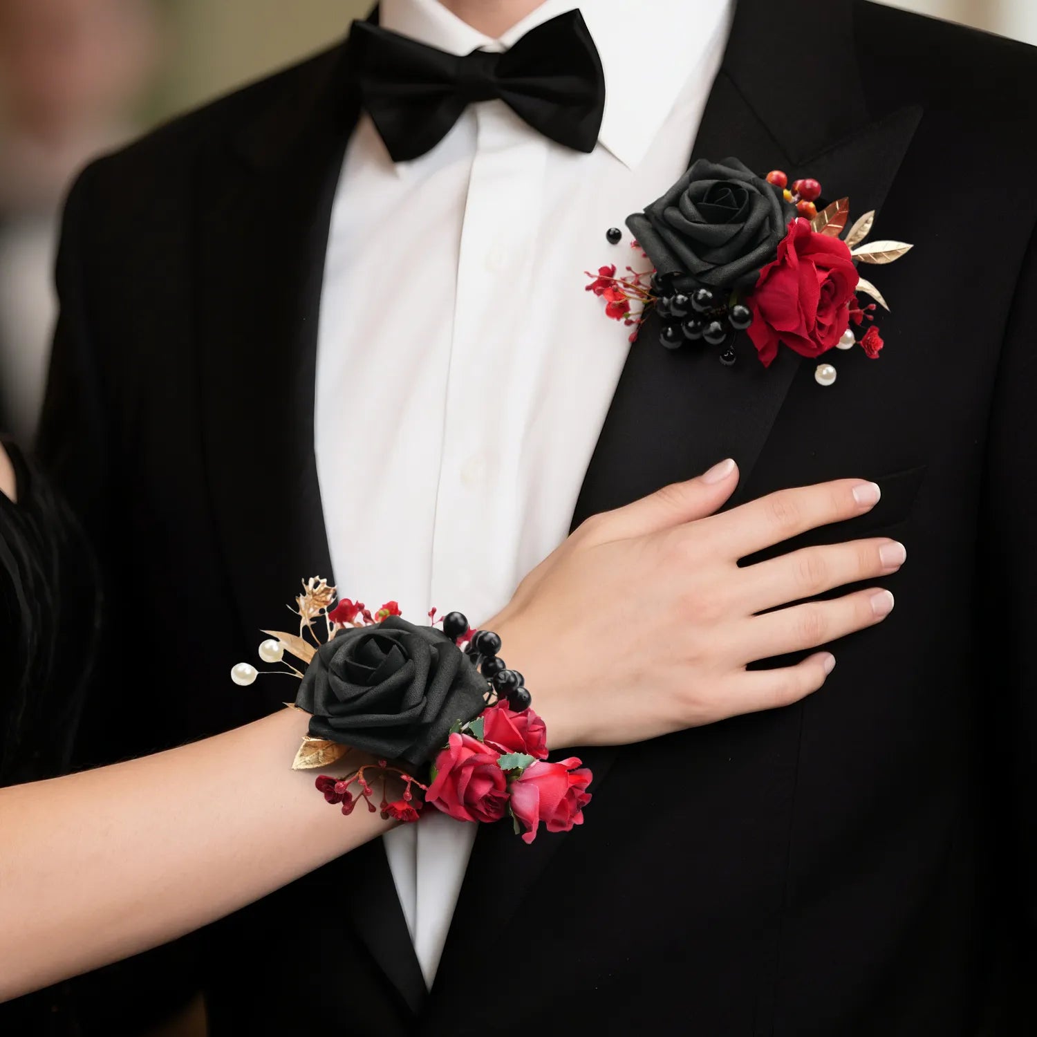 Uflower Black & Red Wrist Corsages for Weddings & Events MG80011-04*6