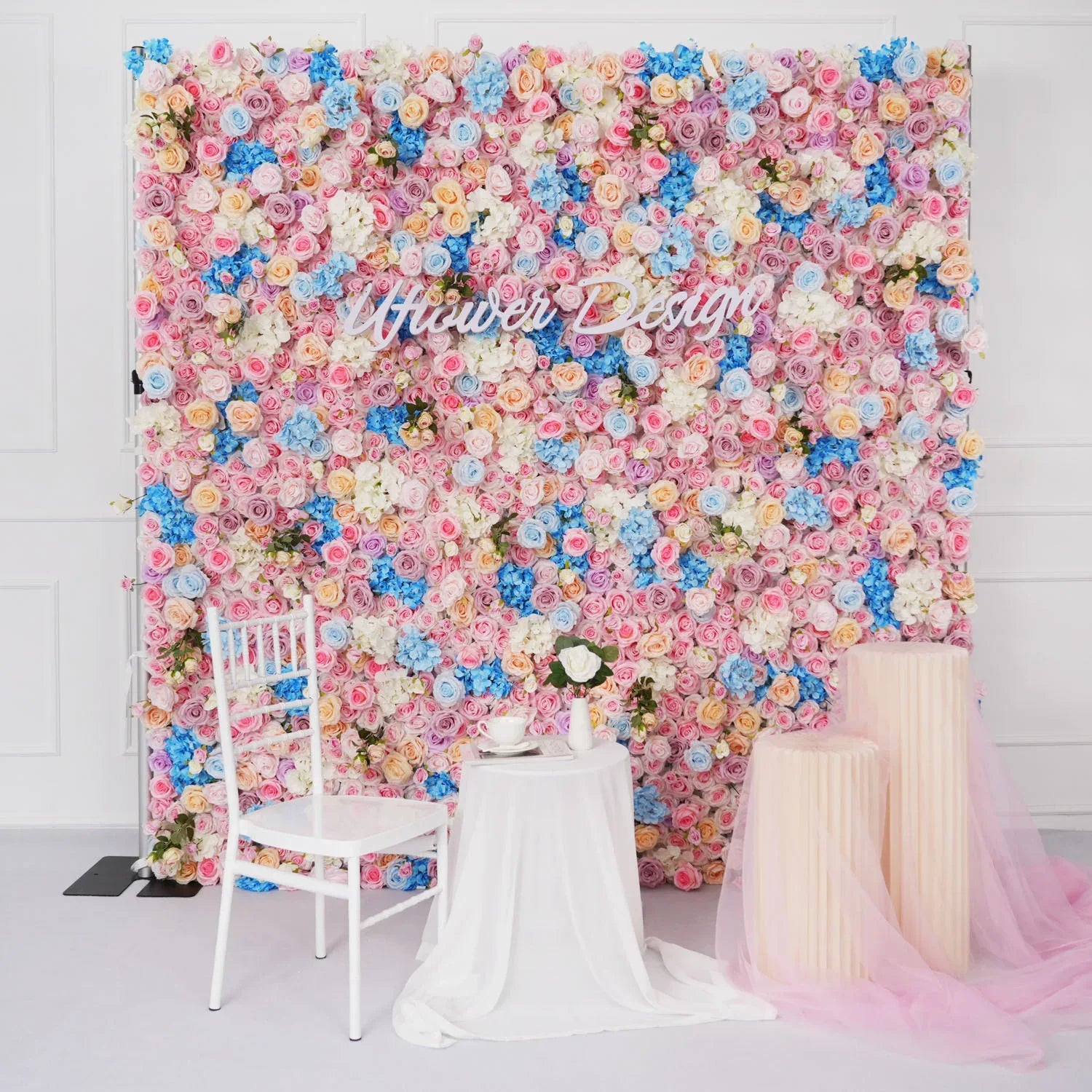 Uflower 5D Powder Blue Rose Artificial Rolling Up Curtain Flower Wall SET80036 - Uflower