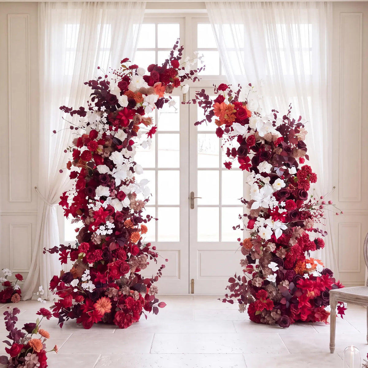 Uflower Red Floral Arrangement Horn Arch Wedding Backdrop Props SET80134-01