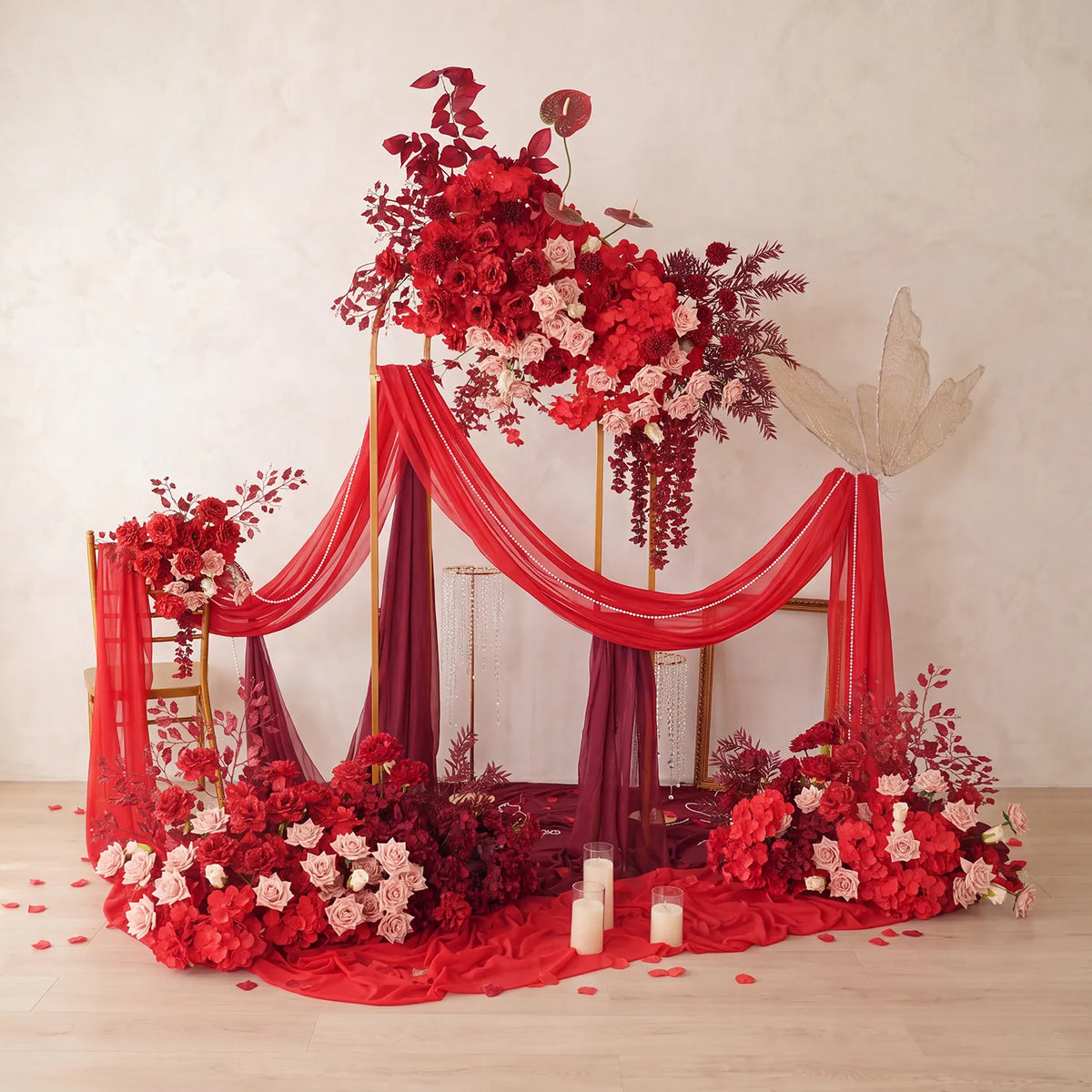 Uflower Red Floral Arrangement Wedding Backdrop Floral Props SET80164-01
