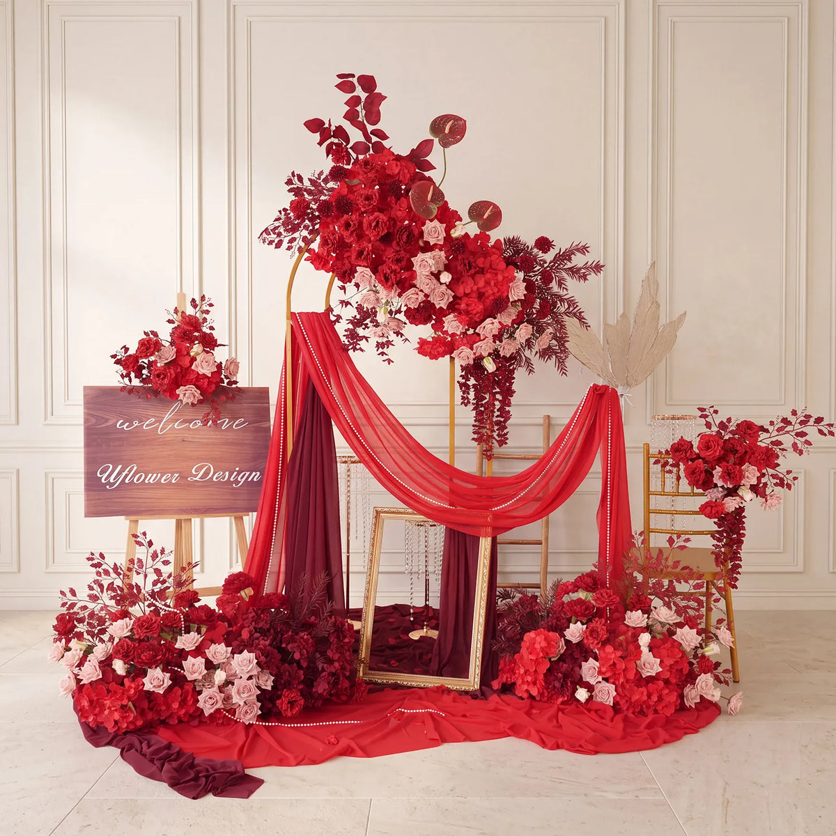 Uflower Red Flower Row Decor KT Board Wedding Arrangement Props SET80164