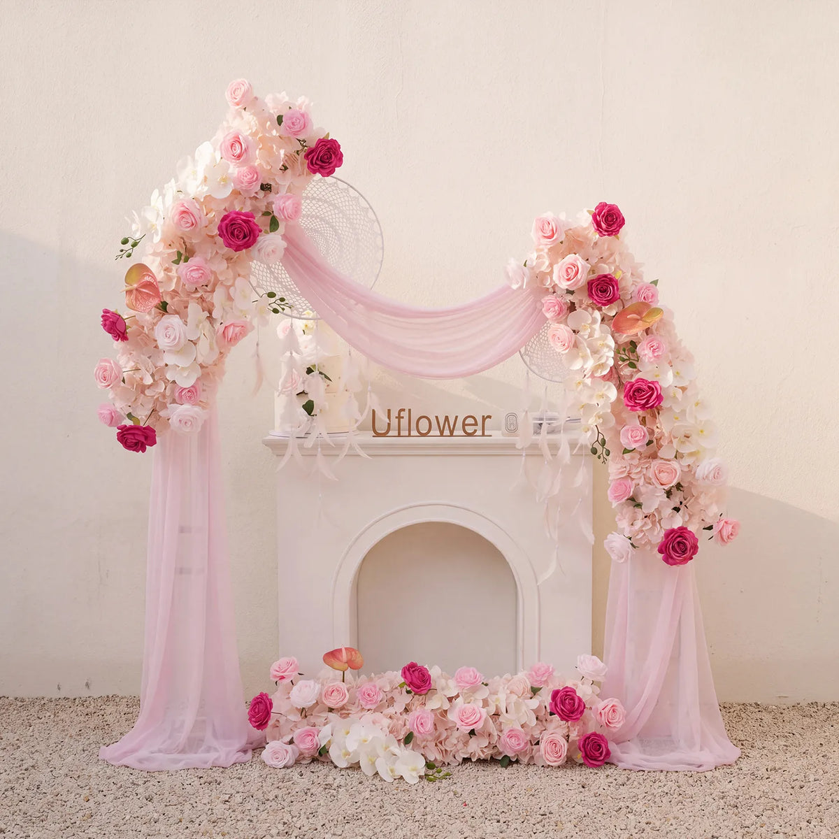 Uflower Pink Floral Arrangement Wedding Arch Backdrop Party Flower Row Decor SET80169