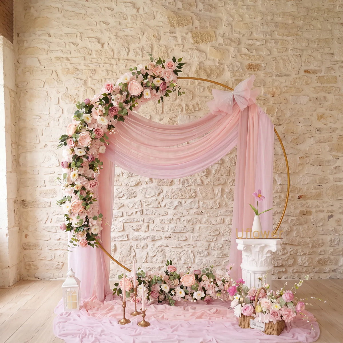 Uflower Artificial Pink Rose Flower Row Wedding KT Backdrop Decor SET80172