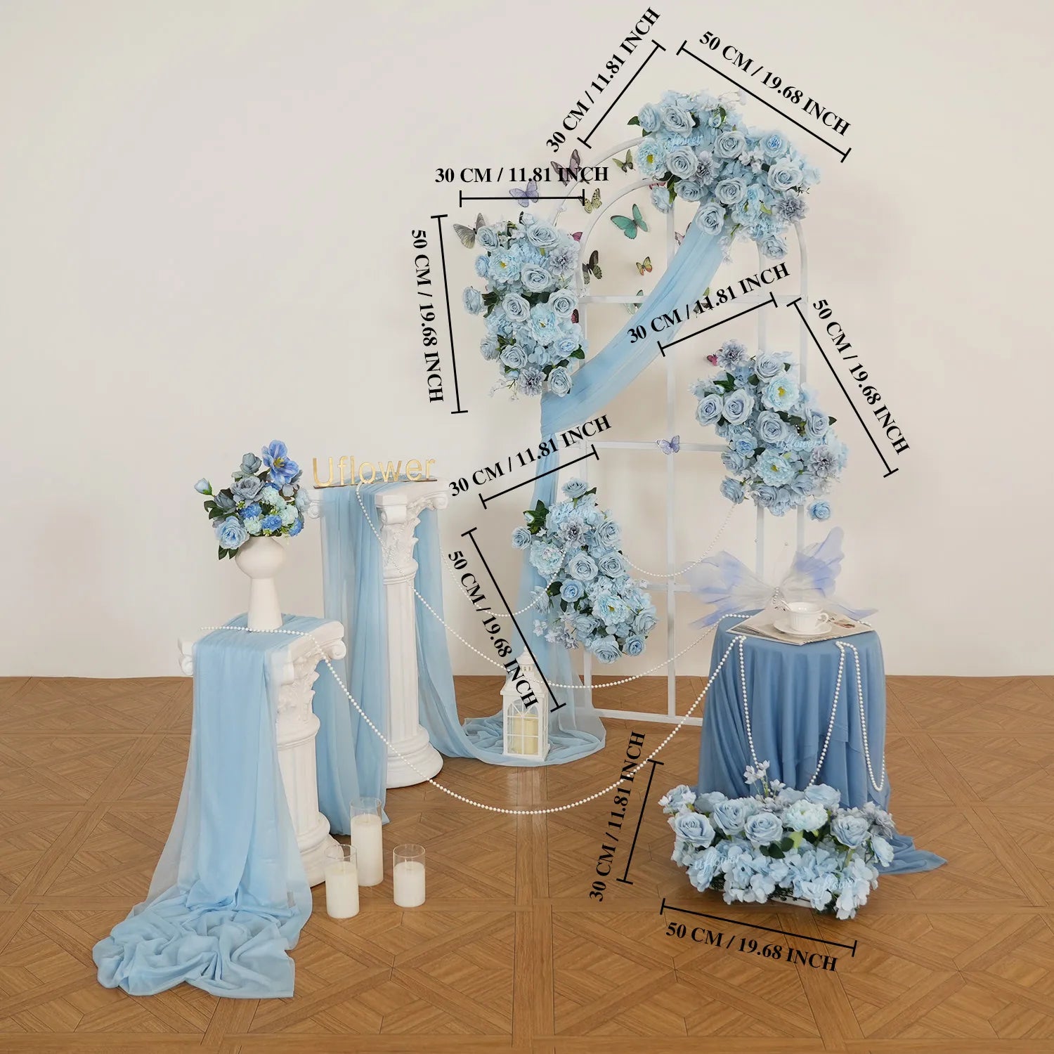Uflower Blue Flower Wedding Backdrop Arch Floral Arrangement SET80214