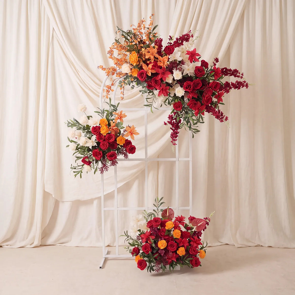 Uflower Red Orange  Flower Wedding Backdrop Arch Floral Arrangement SET80224