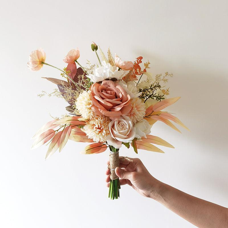 Aesthetic orange pink rose peony hand bouquet simulation flowers - Uflower
