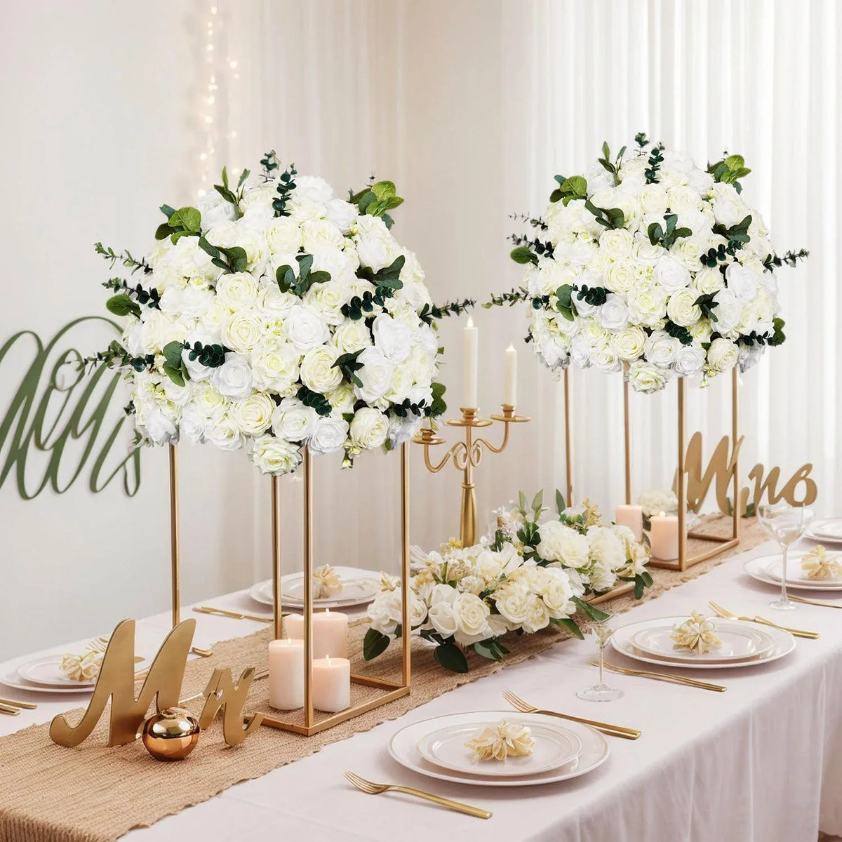 Uflower Artificial 70CM White Rose Eucalyptus Table Centerpiece MB80027 - Uflower