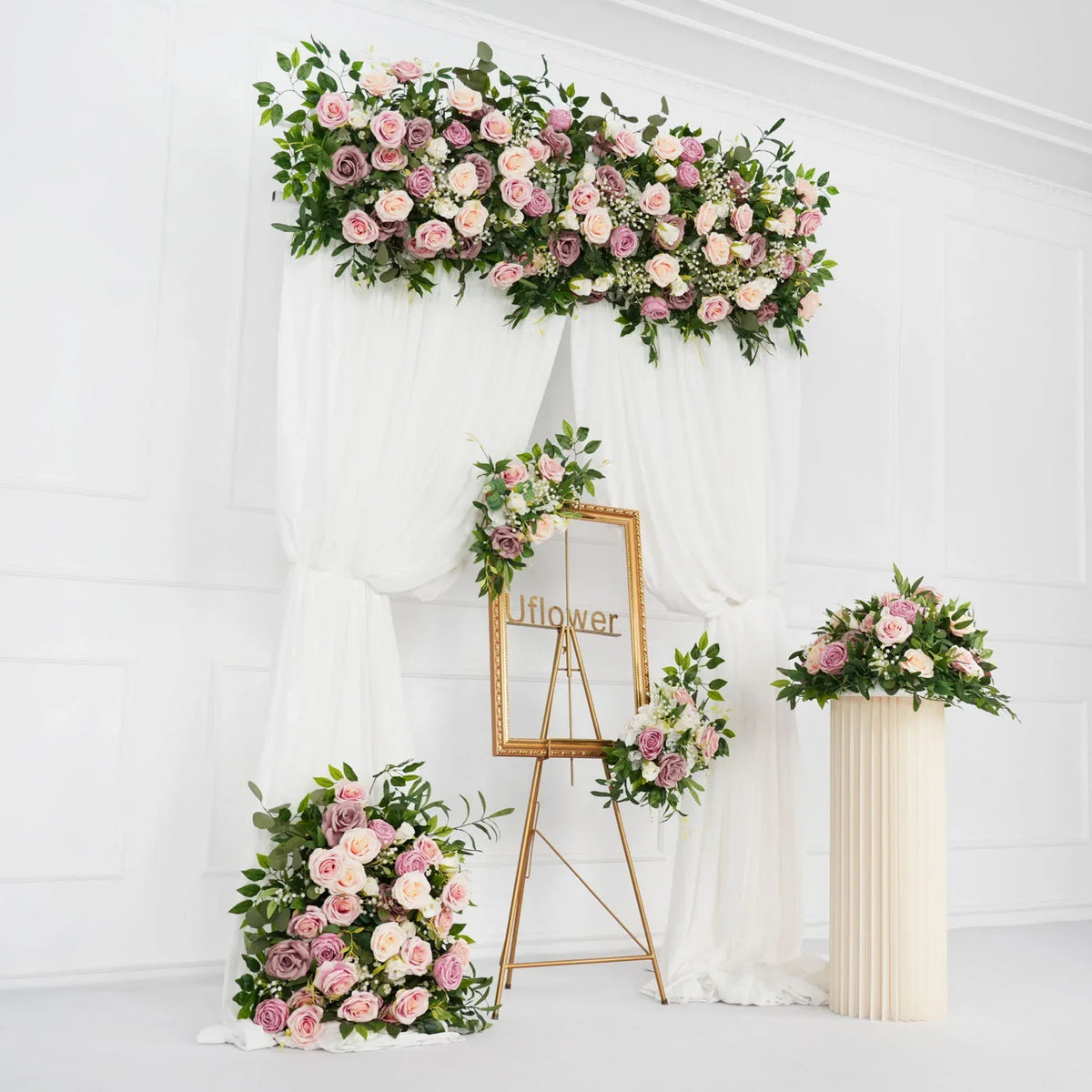 Uflower Pink Faux Flower Wall Backdrop Flower Row Decor SET80016 - Uflower