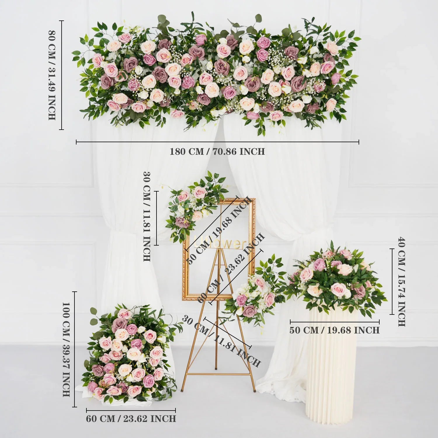 Uflower Pink Faux Flower Wall Backdrop Flower Row Decor SET80016 - Uflower
