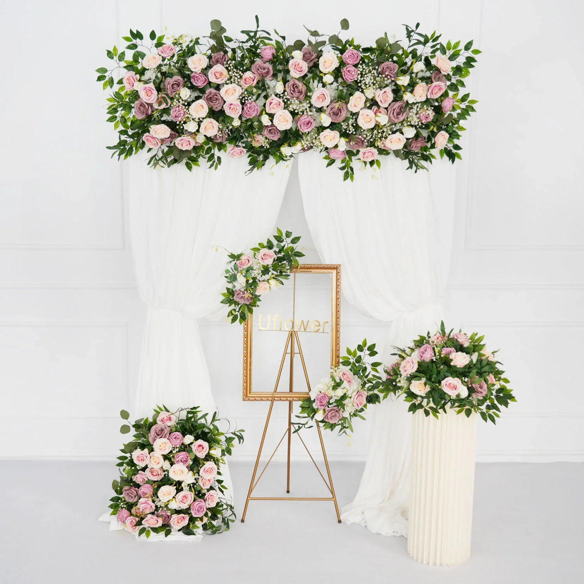 Uflower Pink Faux Flower Wall Backdrop Flower Row Decor SET80016 - Uflower