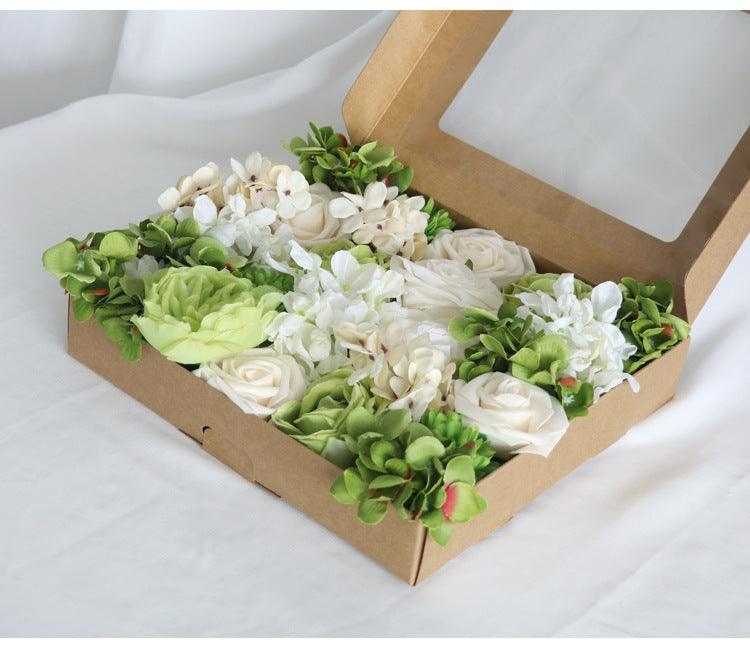 Flower Box Silk Blooming Flowers White Green Hydrangea Roses - Uflower